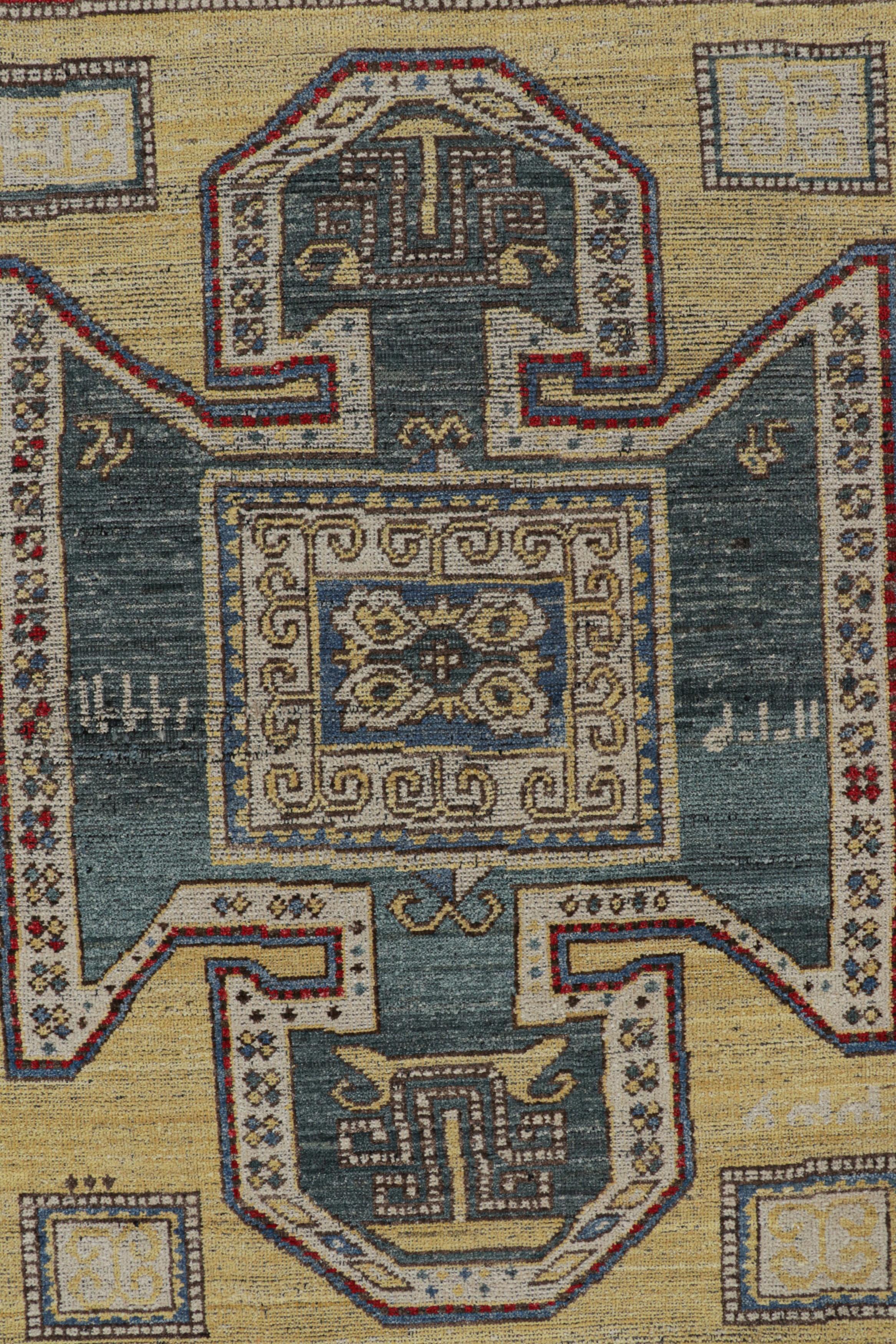 Contemporary Rug & Kilim’s Kazak Style Rug in Beige and Blue with Geometric Medallion For Sale