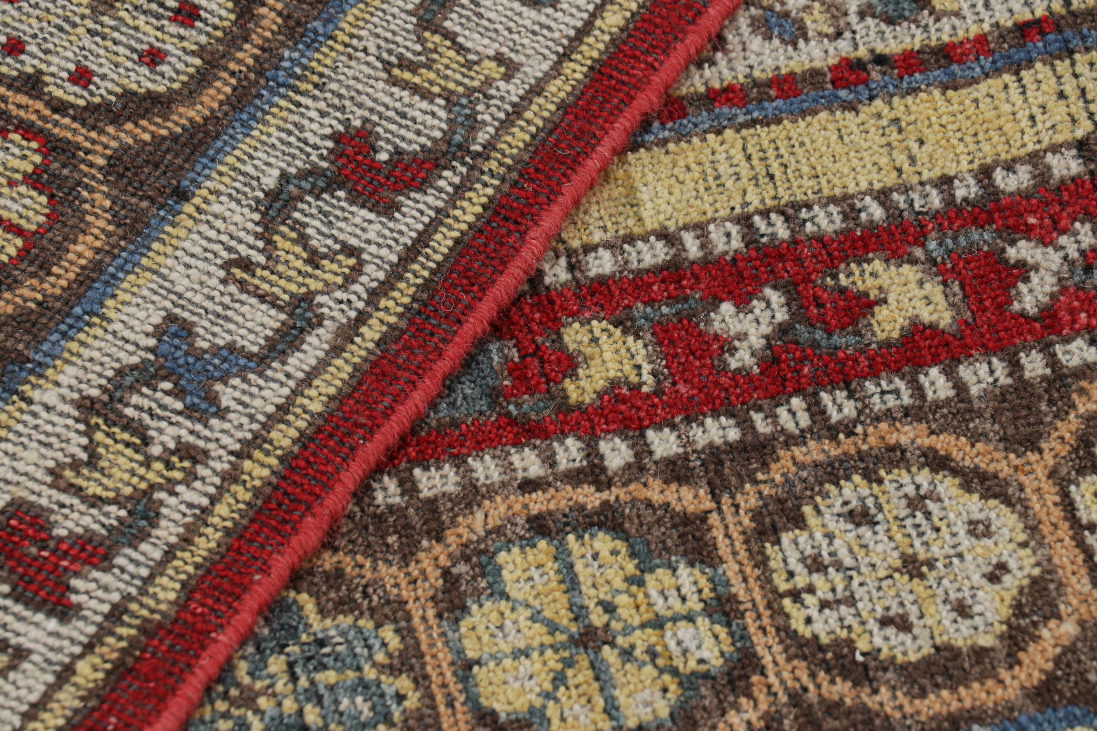 Wool Rug & Kilim’s Kazak Style Rug in Beige and Blue with Geometric Medallion For Sale