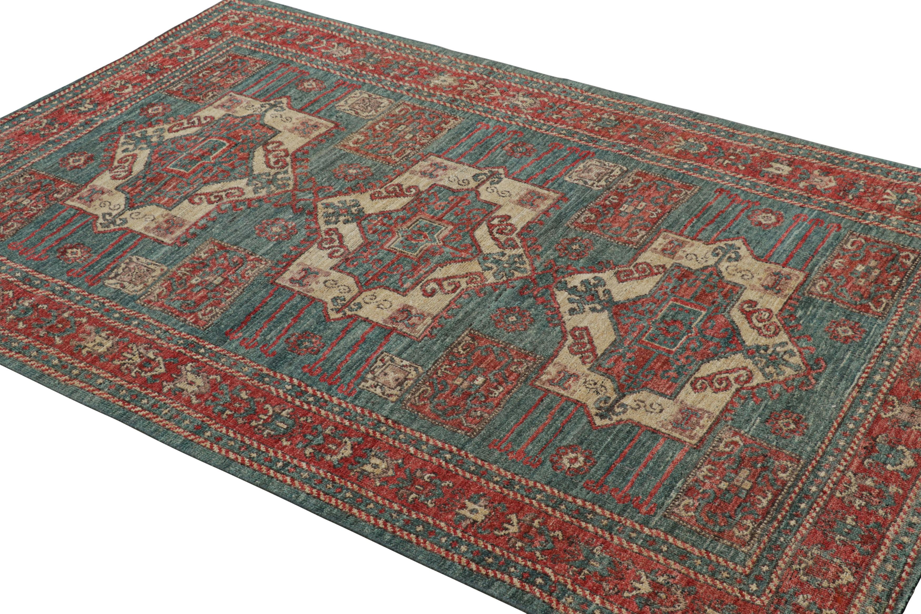 Alfombra estilo kazajo de Rug & Kilim en azul con medallones geométricos Anudado a mano en venta