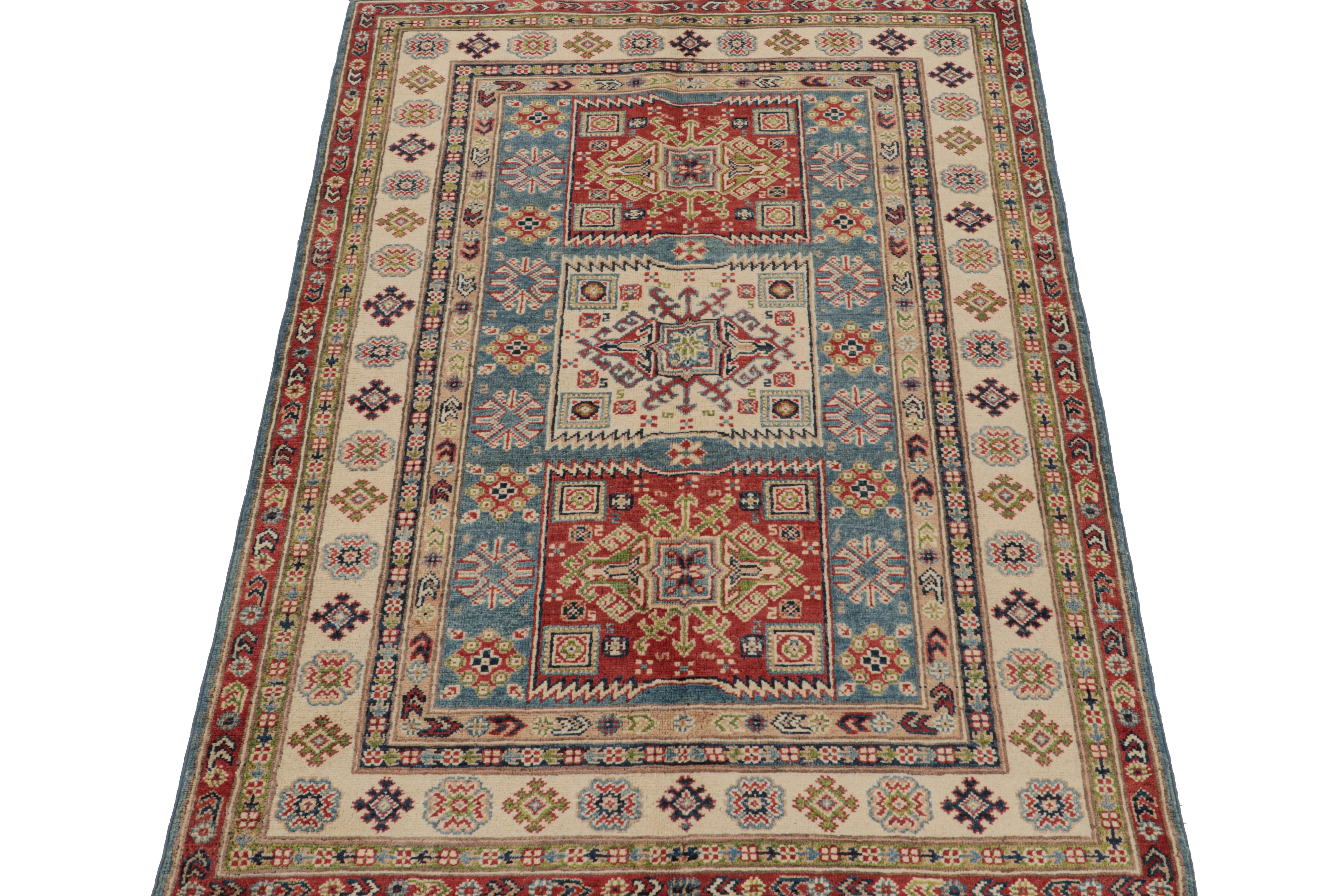 Tribal Rug & Kilim’s Kazak style rug in Red, Blue and Beige-Brown Geometric Patterns For Sale