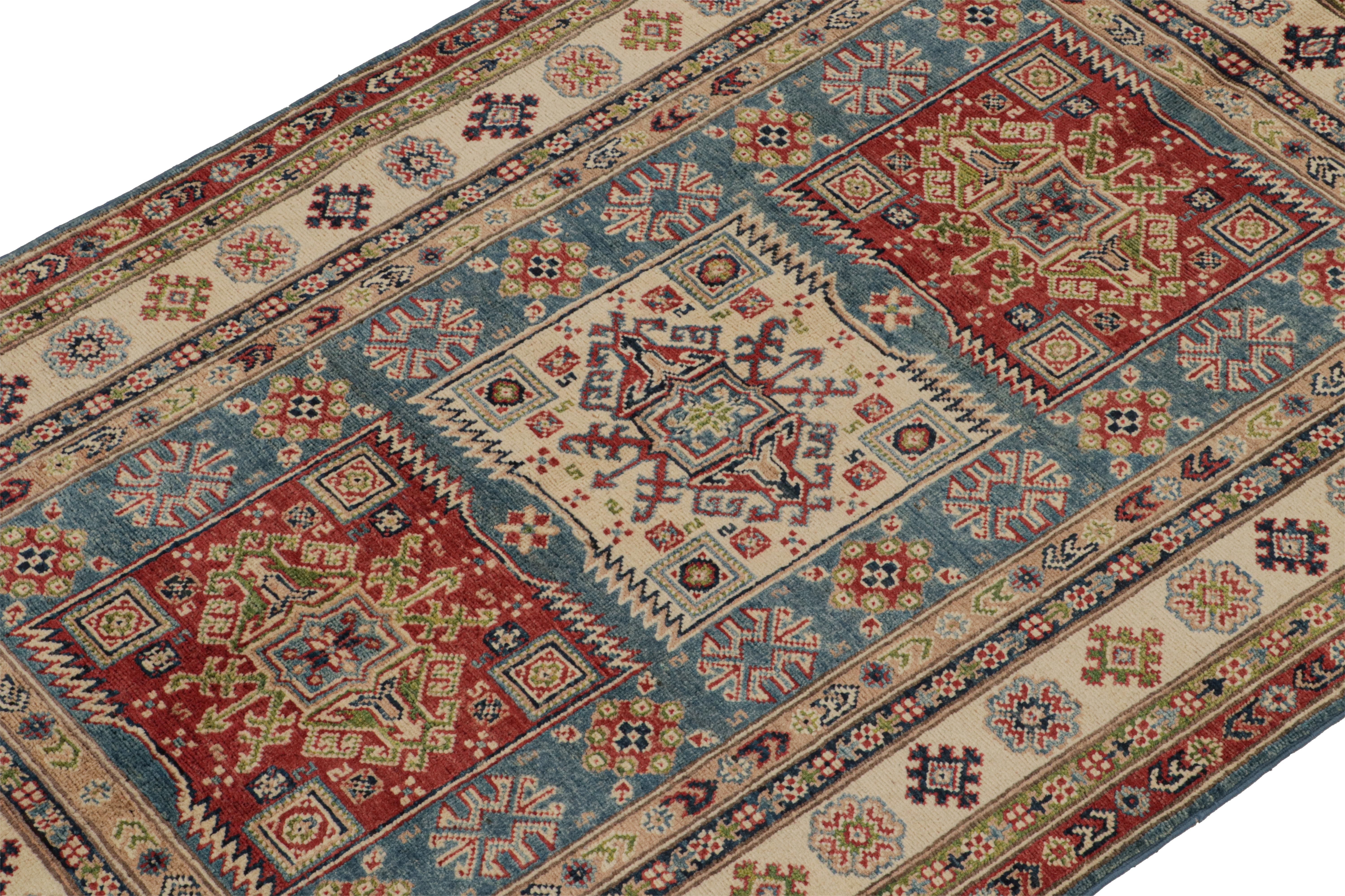 Afghan Rug & Kilim’s Kazak style rug in Red, Blue and Beige-Brown Geometric Patterns For Sale