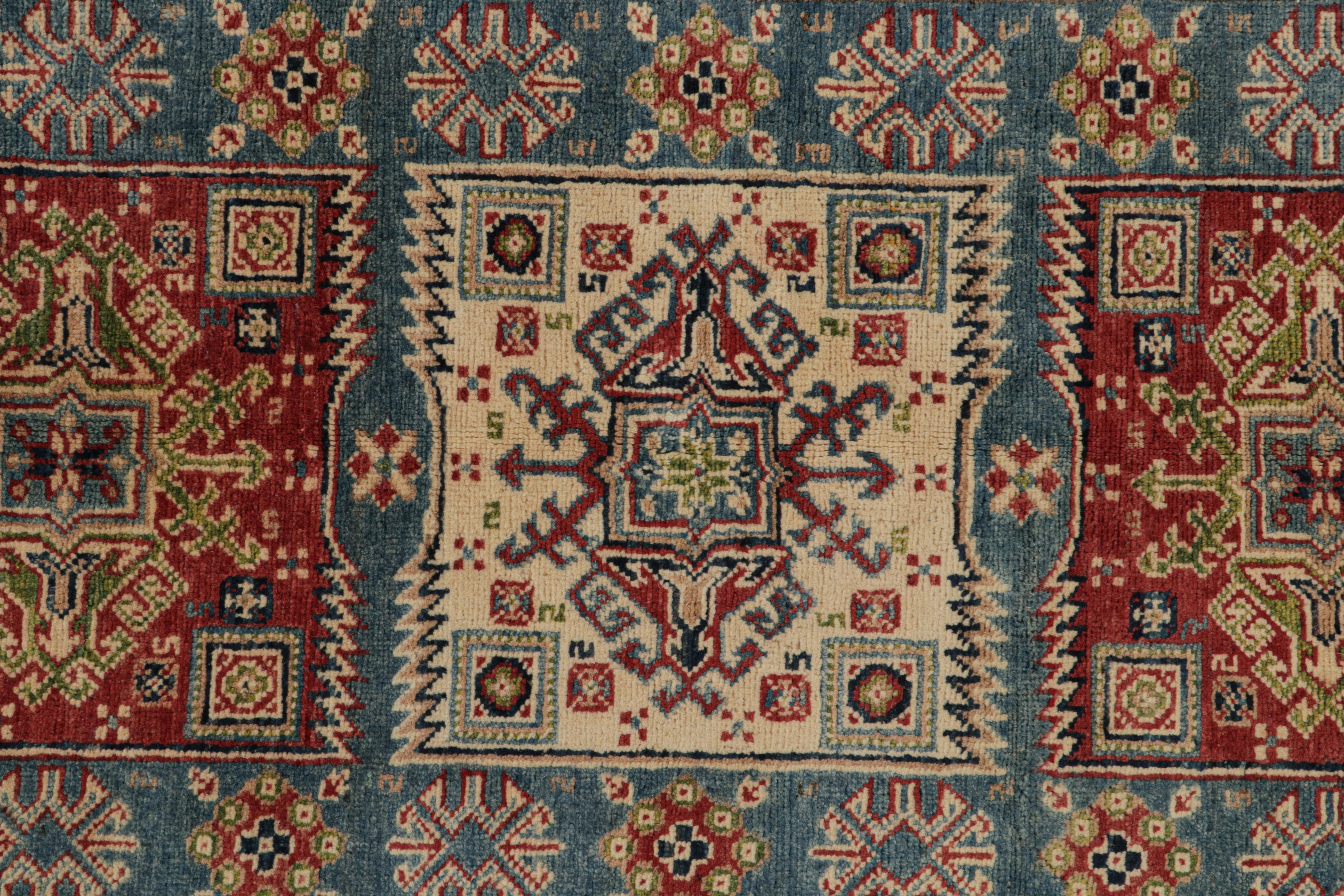 Rug & Kilim’s Kazak style rug in Red, Blue and Beige-Brown Geometric Patterns In New Condition For Sale In Long Island City, NY
