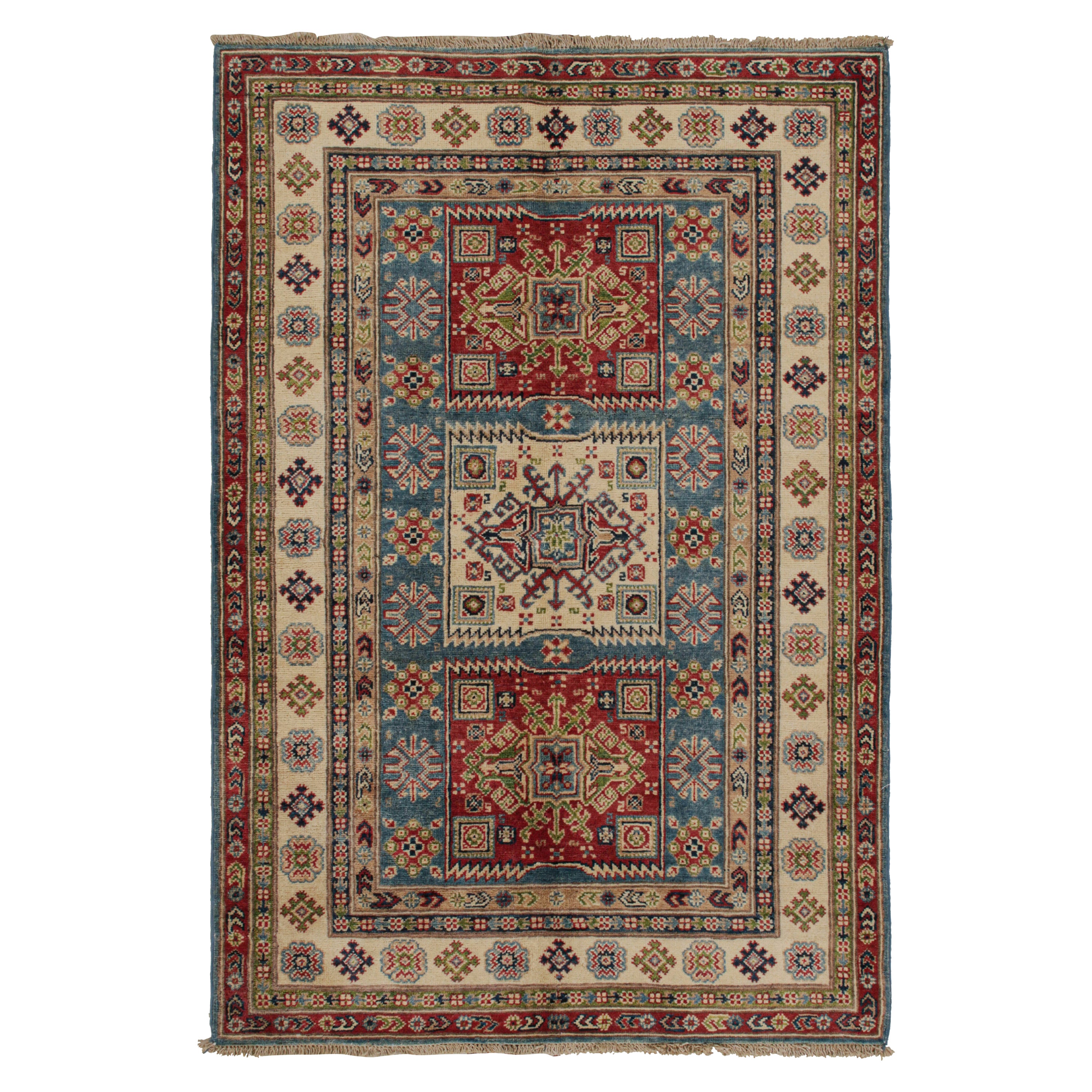 Rug & Kilim’s Kazak style rug in Red, Blue and Beige-Brown Geometric Patterns For Sale