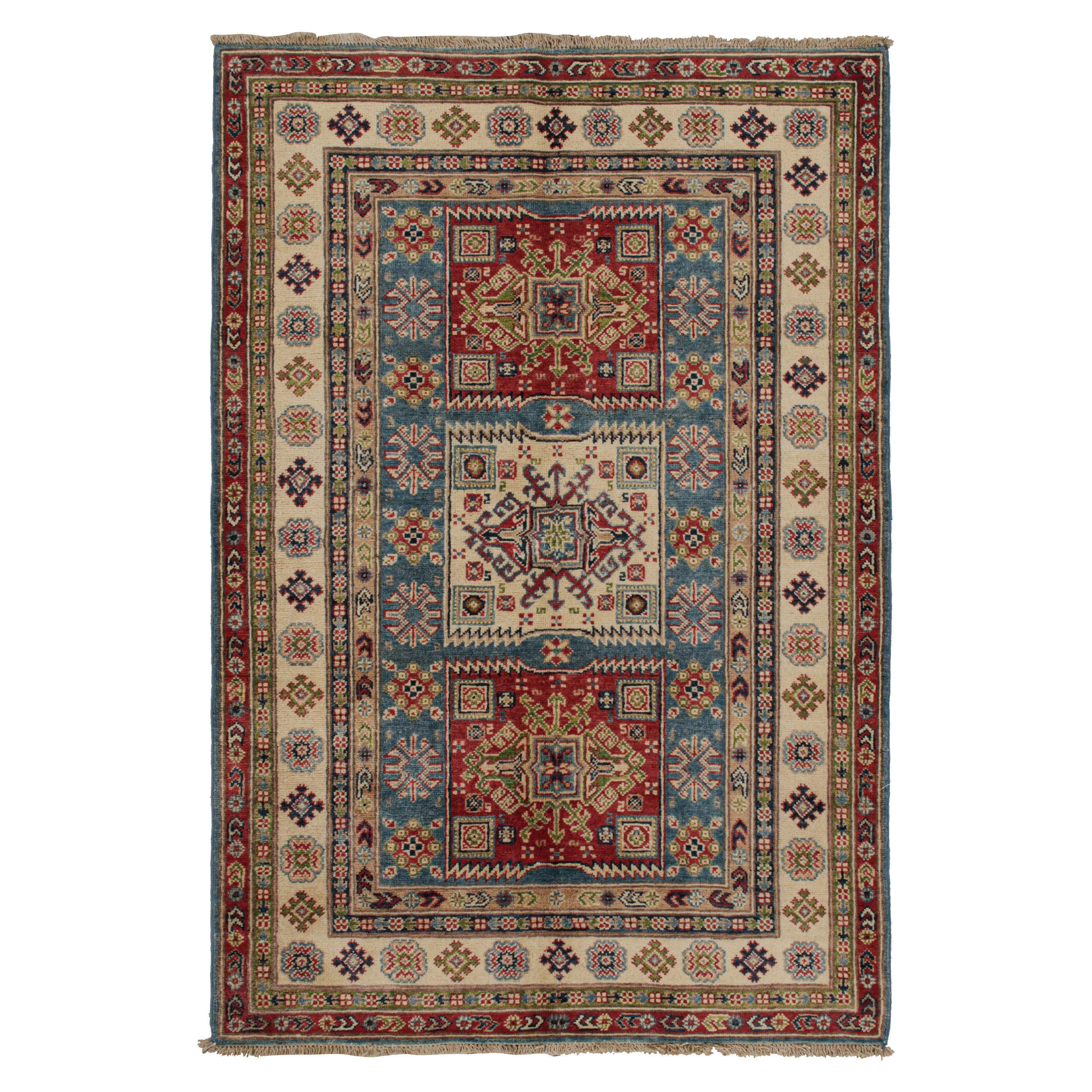 Kazak-Teppich von Rug 
Kilim in Rot, Blau und Beige-Braun mit geometrischen Mustern