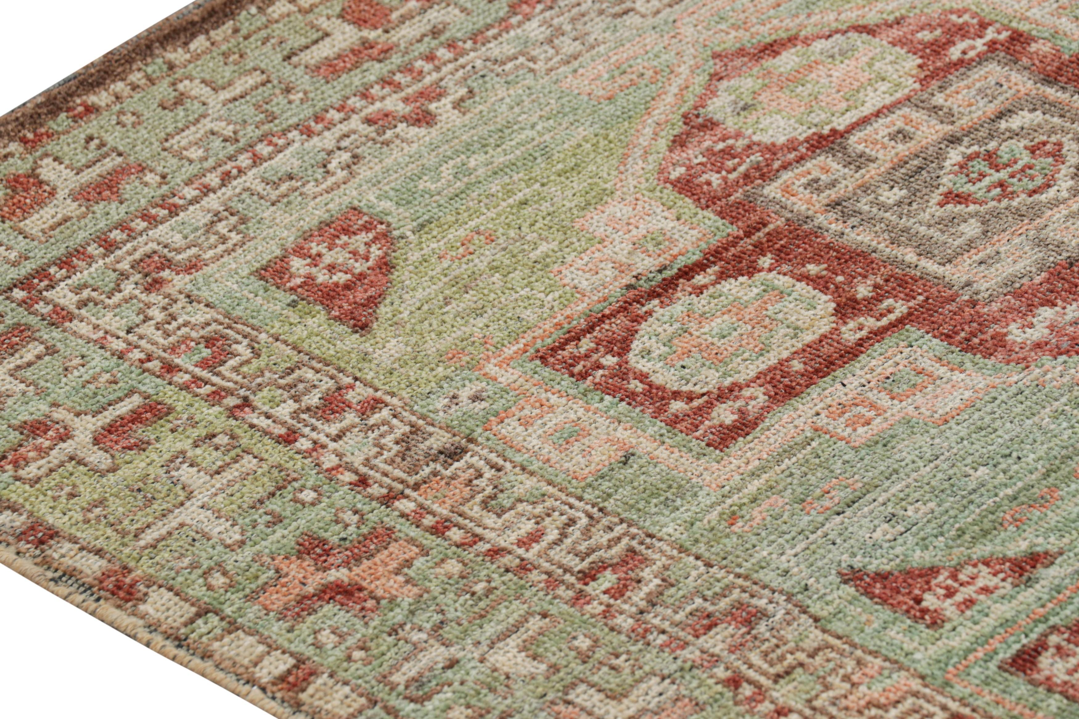 Tribal Rug & Kilim’s Kazak Style Runner Rug in Green with Geometric Medallions For Sale