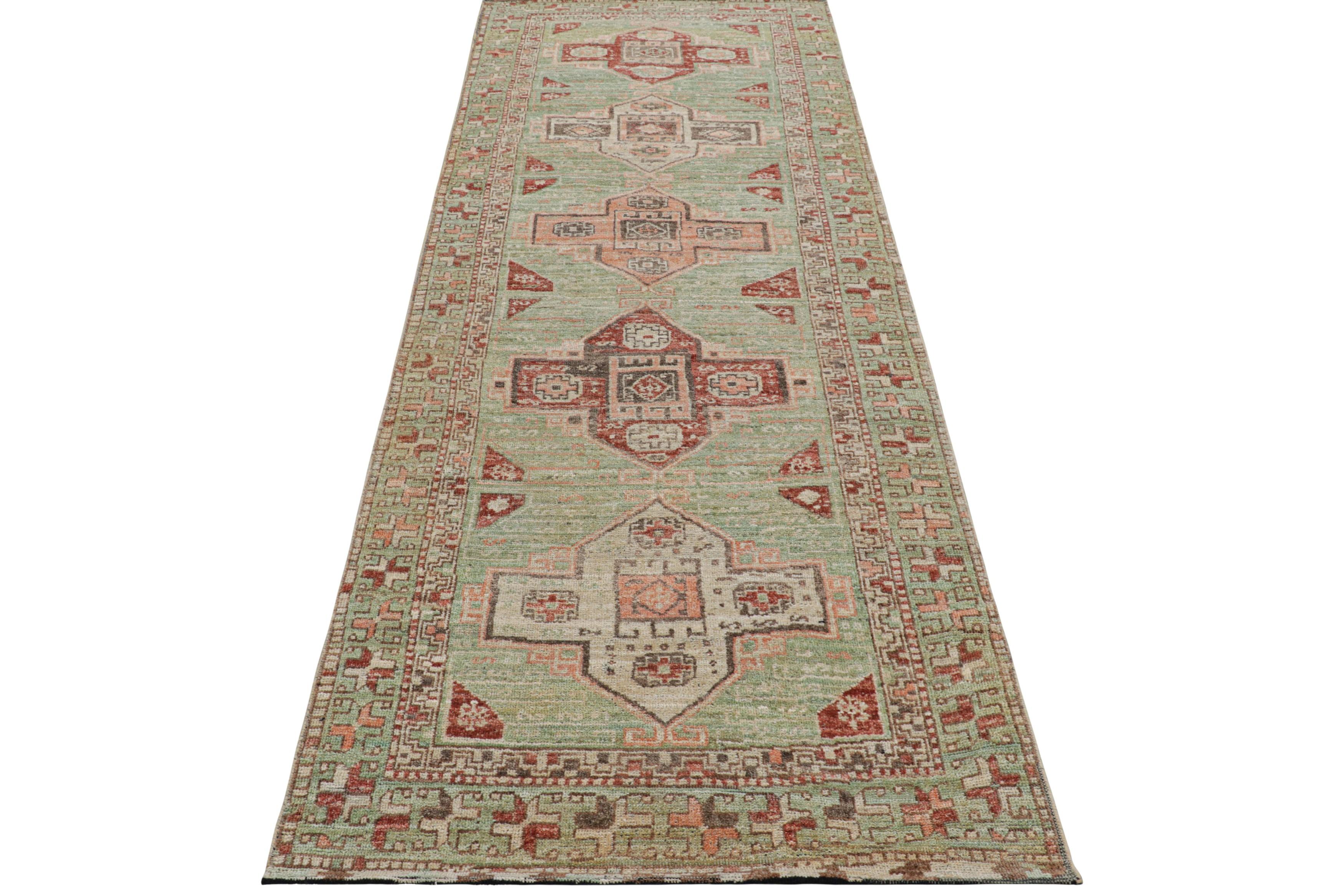 Indian Rug & Kilim’s Kazak Style Runner Rug in Green with Geometric Medallions For Sale