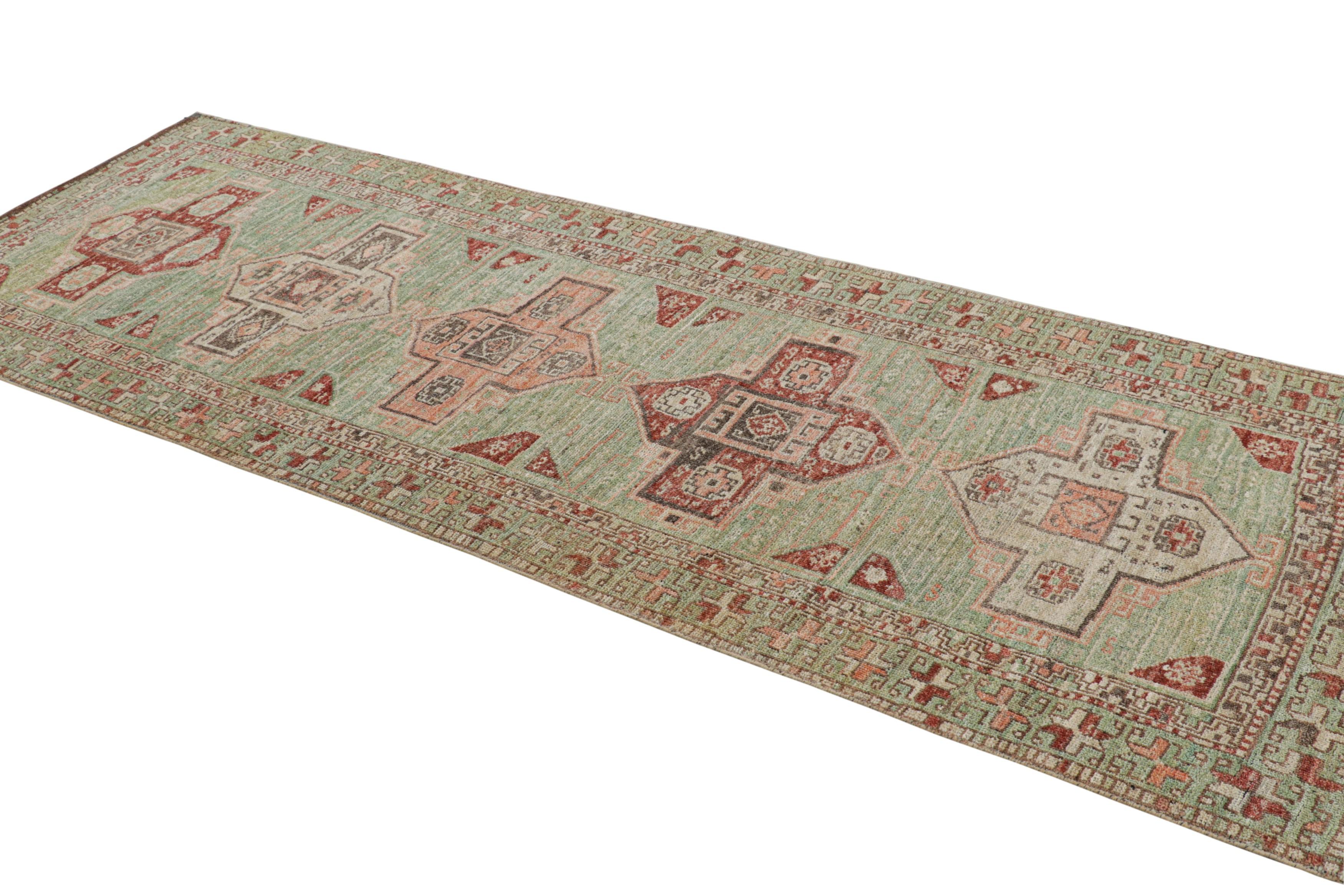 Hand-Knotted Rug & Kilim’s Kazak Style Runner Rug in Green with Geometric Medallions For Sale