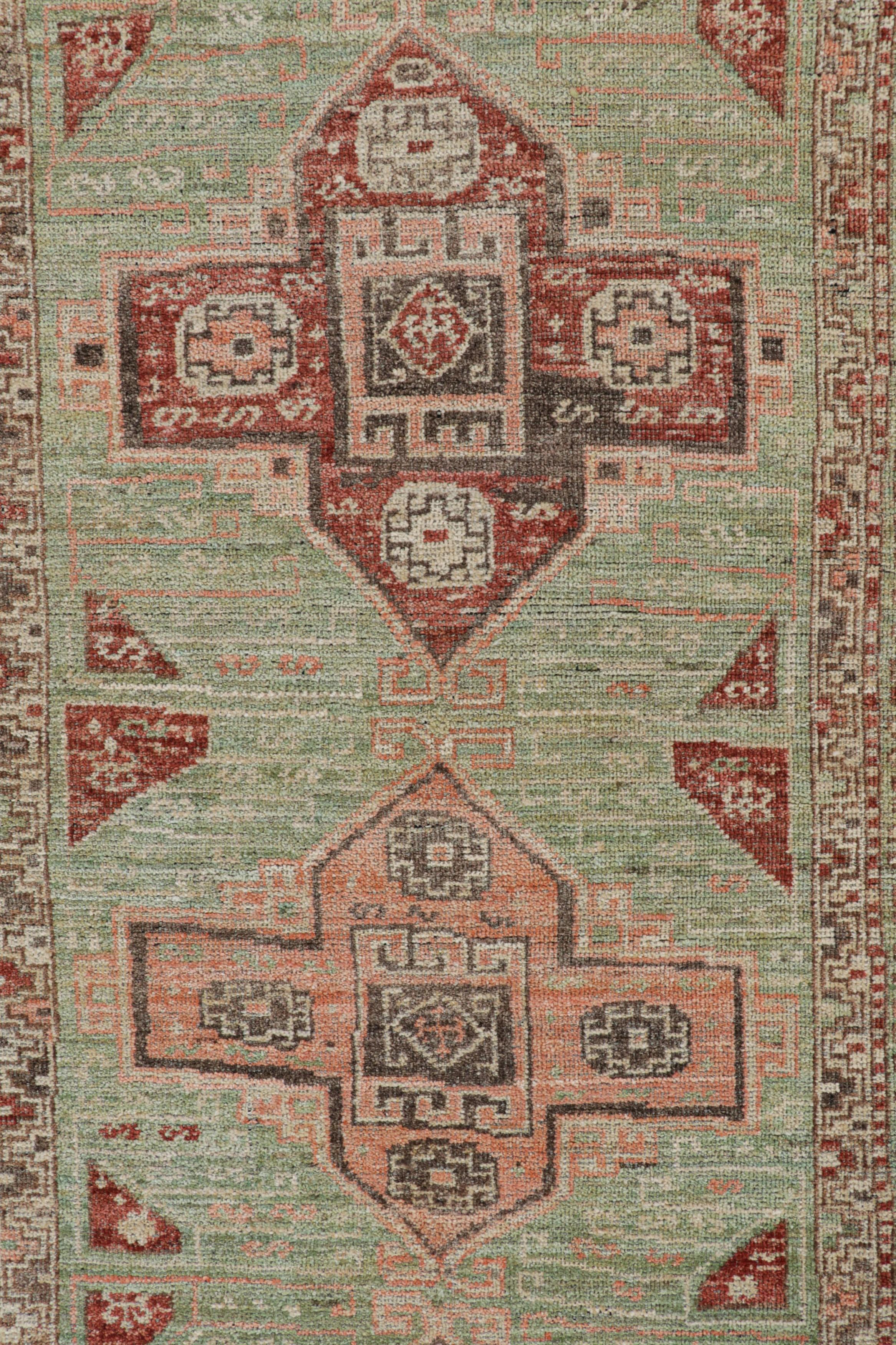 Rug & Kilim’s Kazak Style Runner Rug in Green with Geometric Medallions In New Condition For Sale In Long Island City, NY