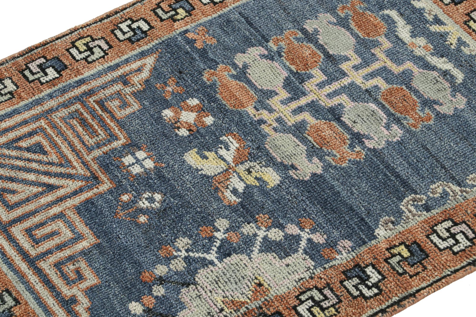 This 2x3 rug is a regal new entry to Rug & Kilim’s custom classics Burano collection. hand knotted in wool.

Further on the Design: 

This accent rug is a contemporary take on Khotan rugs, both shifting their scale and reimagining their colors