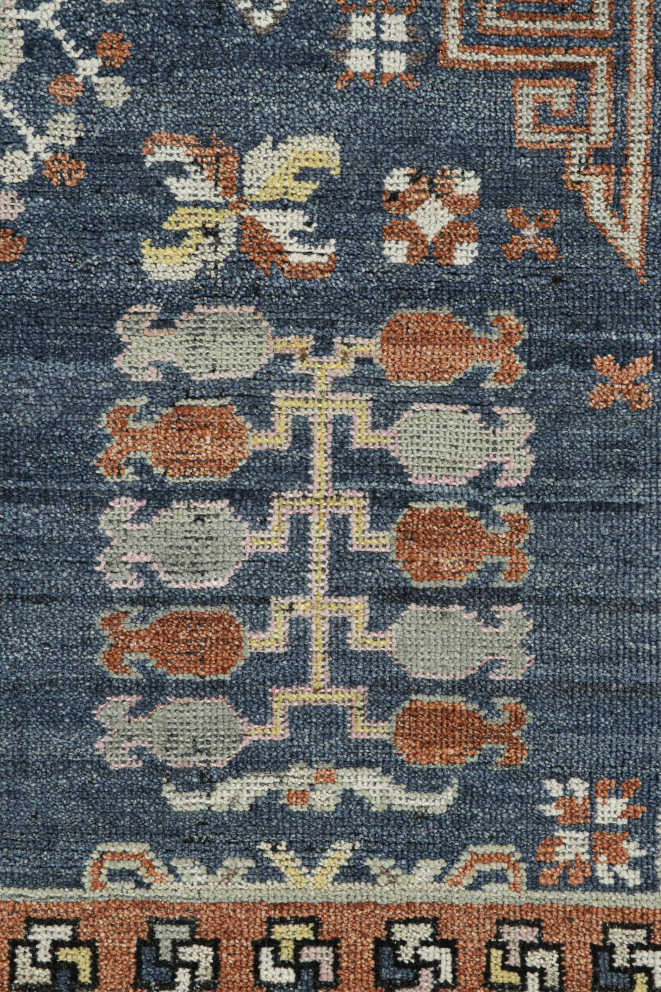 Tribal Rug & Kilim’s Khotan inspired rug in Brown & Blue Geometric Patterns For Sale