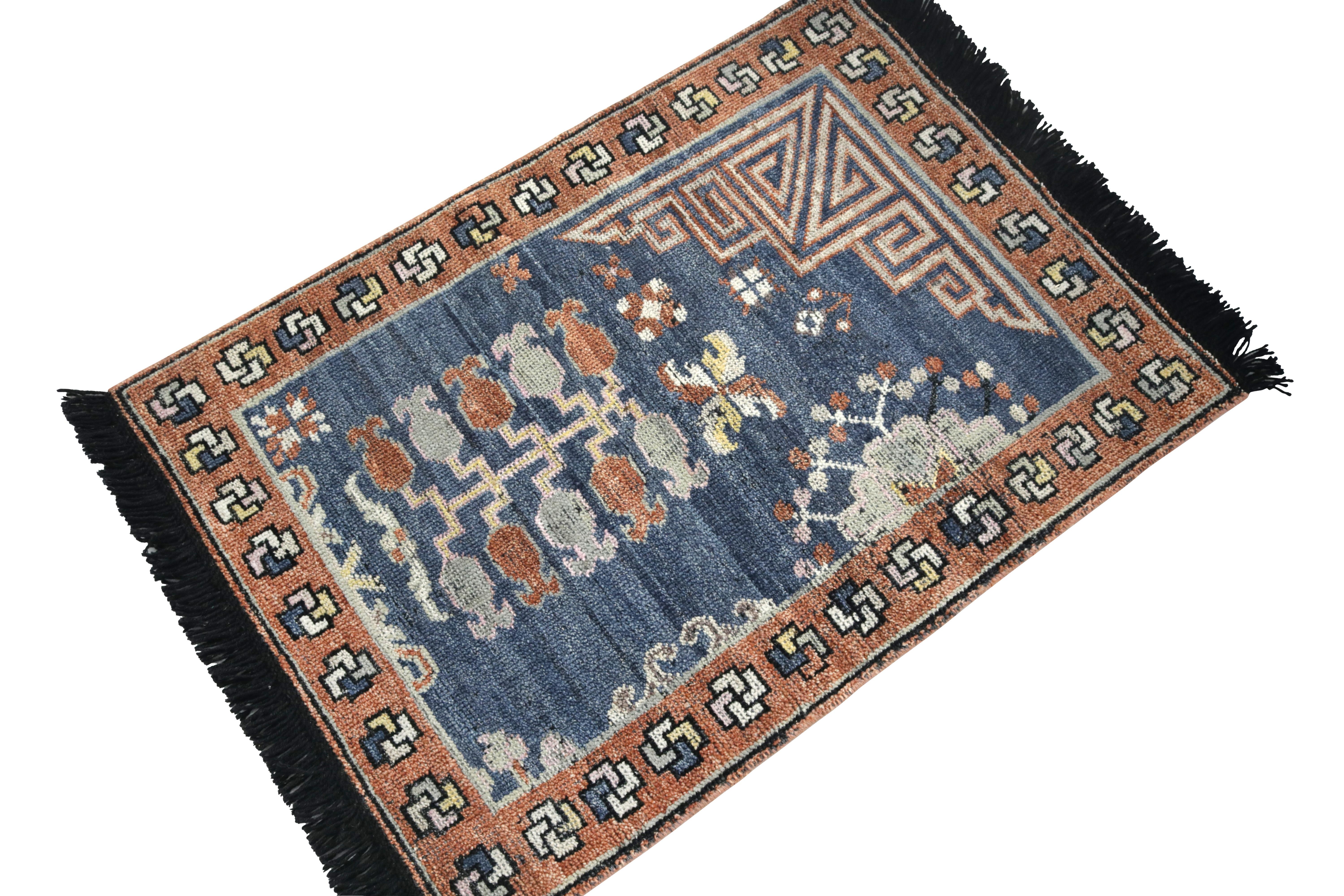 Indian Rug & Kilim’s Khotan inspired rug in Brown & Blue Geometric Patterns For Sale