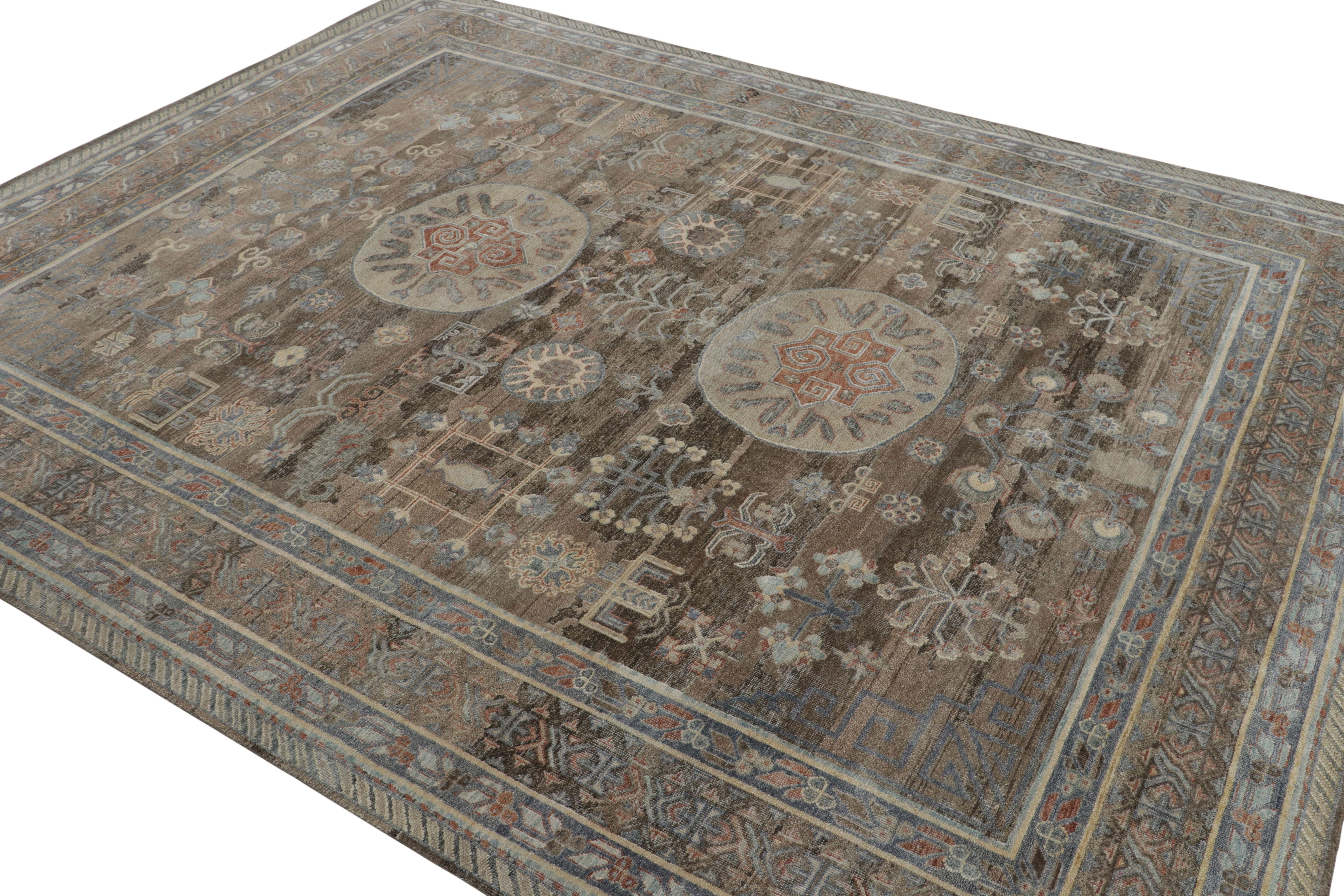 Hand-Knotted Rug & Kilim’s Khotan Rug in Brown, Red and Blue with Medallion Patterns For Sale