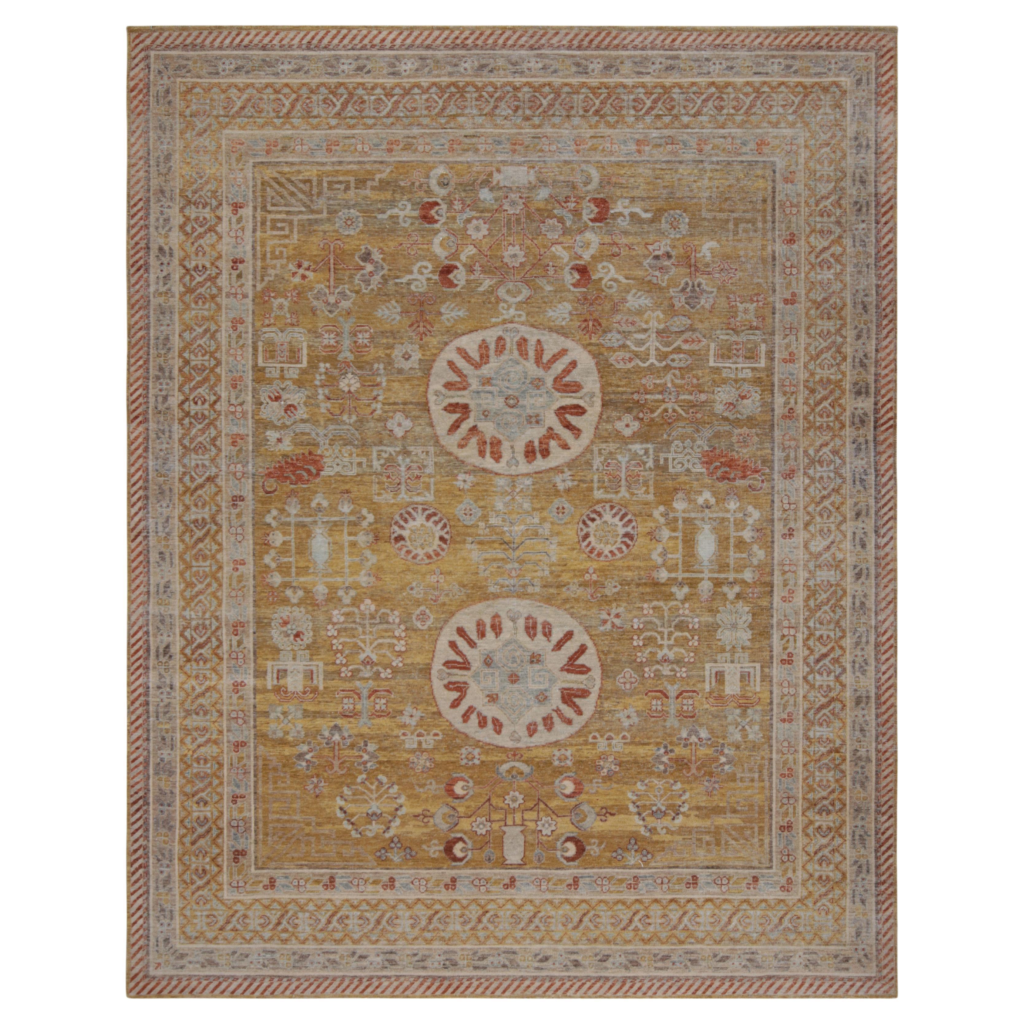 Rug & Kilim’s Khotan Rug in Gold and Red with Geometric Patterns For Sale