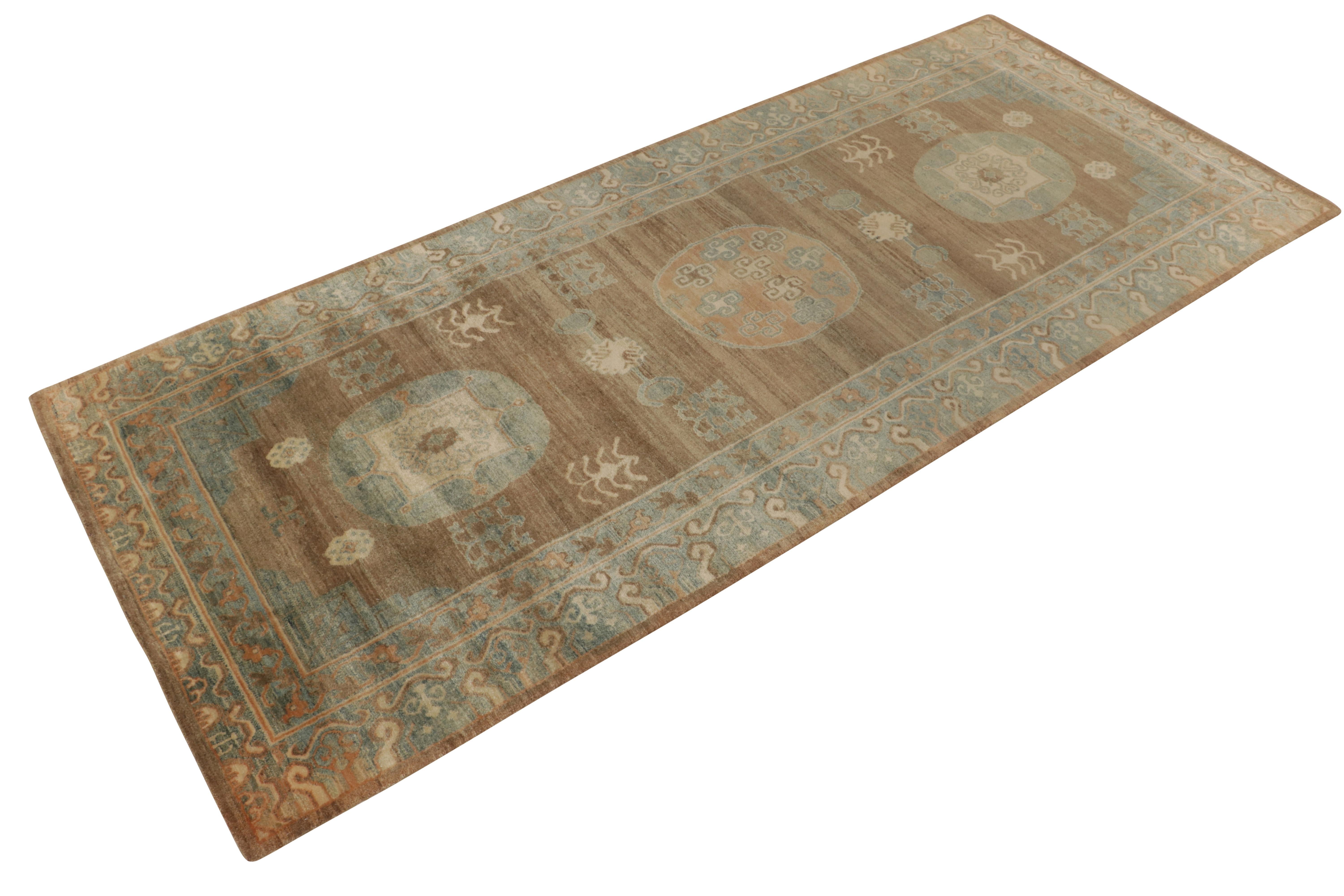 Indian Rug & Kilim’s Khotan Samarkand Style Rug in Beige-Brown and Blue Medallion Style For Sale