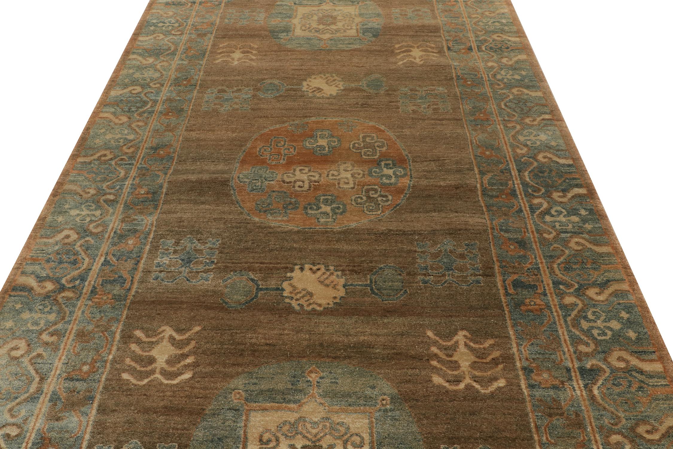 Hand-Knotted Rug & Kilim’s Khotan Samarkand Style Rug in Beige-Brown and Blue Medallion Style For Sale
