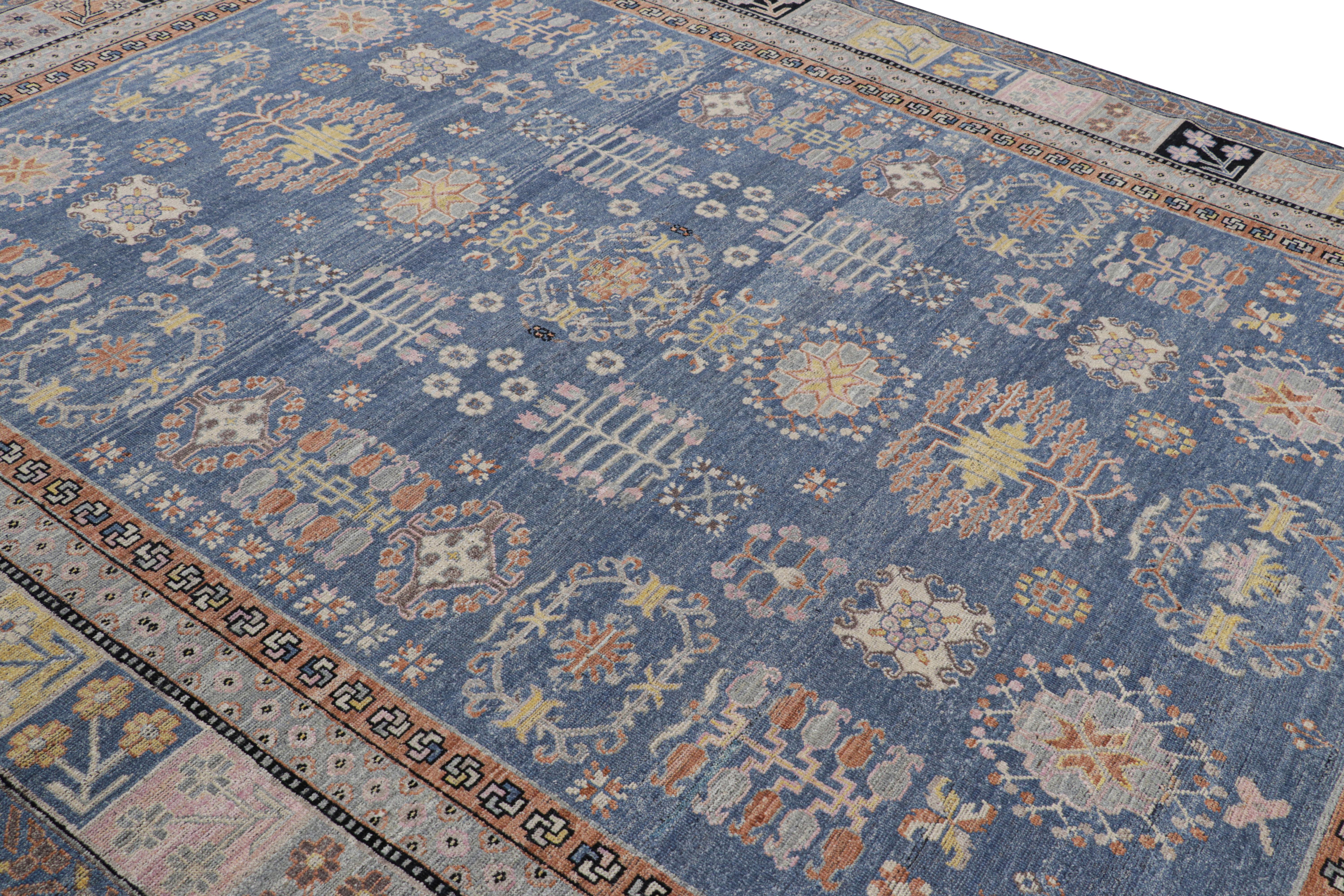 Hand-knotted in a special blend of Ghazni wool, this 9x12 rug from Rug & Kilim’s custom-classics Burano collection is inspired by antique Khotan Samarkand rugs of East Turkestan, known to favor Buddhist imagery and similar oriental motifs. 

On the