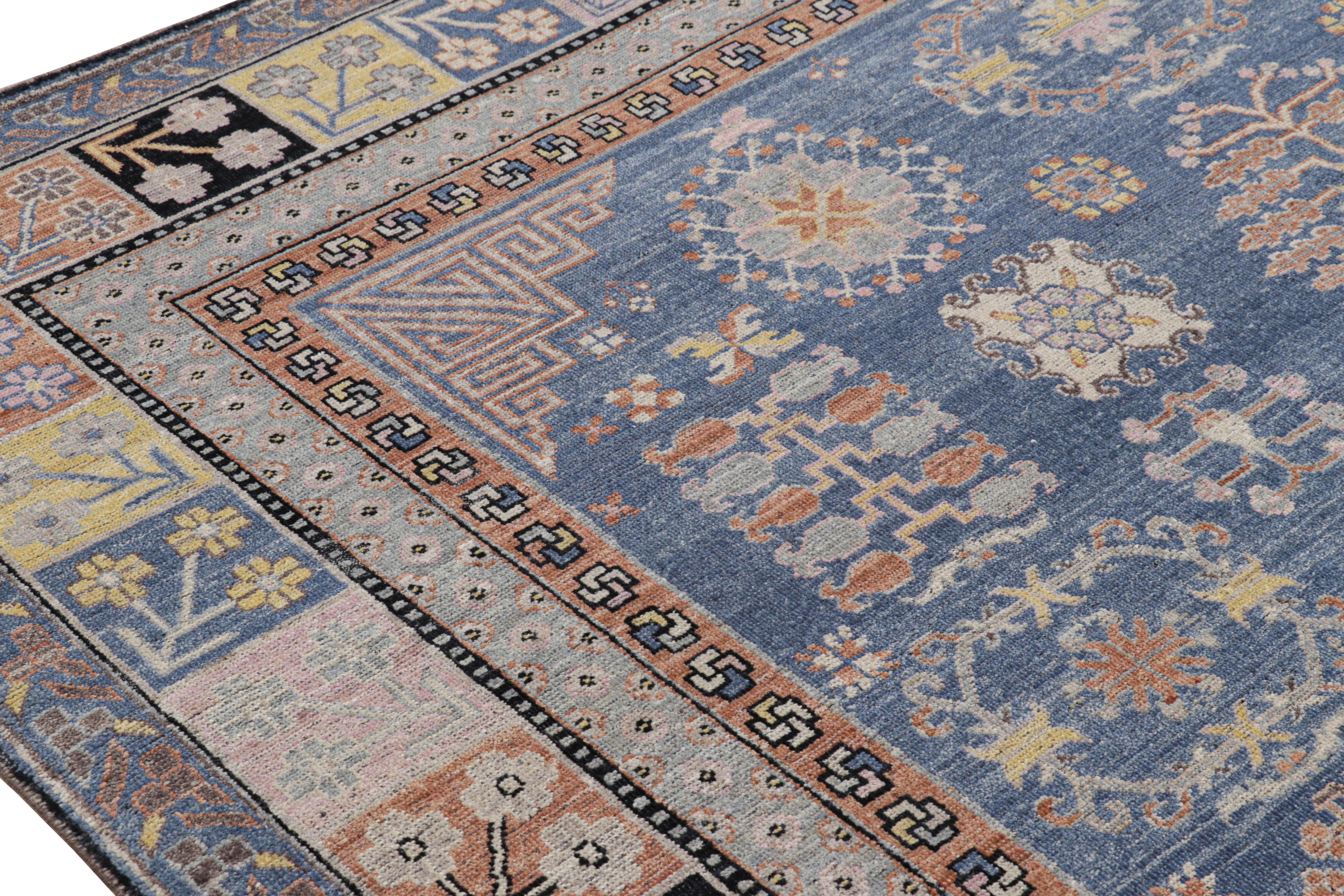 Indian Rug & Kilim’s Khotan Samarkand Style Rug in Blue with Floral Medallions For Sale