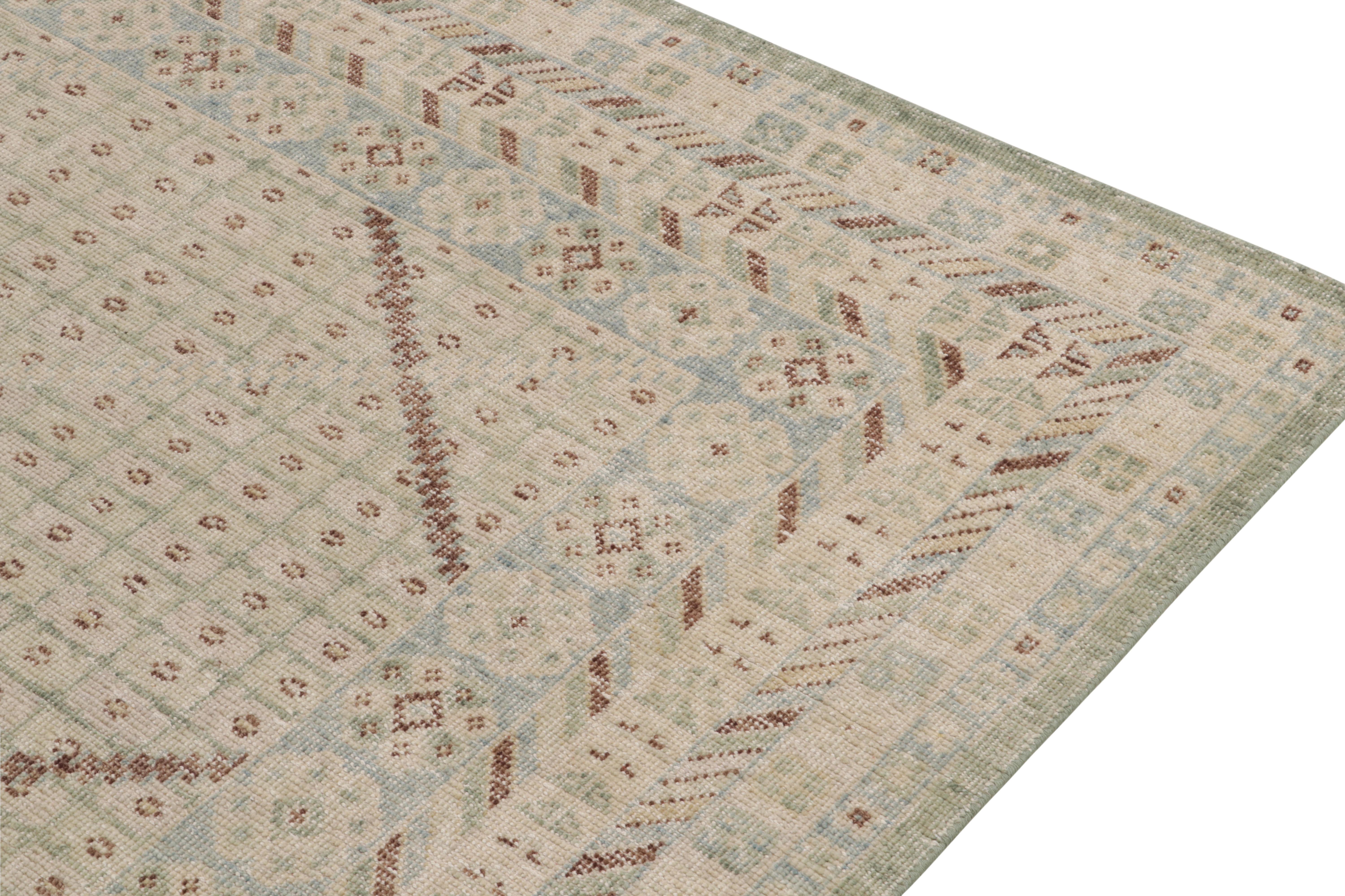 Rug & Kilim's Khotan Style Distressed Rug in Beige Green, Blue Geometric Pattern In New Condition For Sale In Long Island City, NY