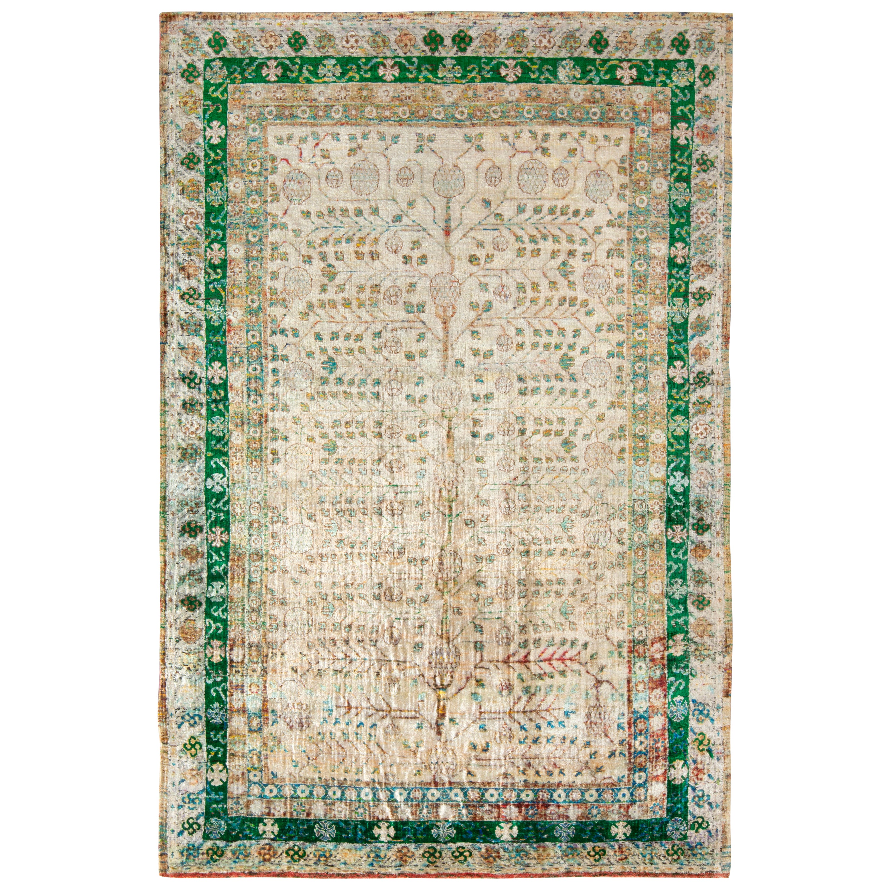 Rug & Kilim’s Khotan Style Modern Rug in Green, Beige-Brown Pomegranate Pattern