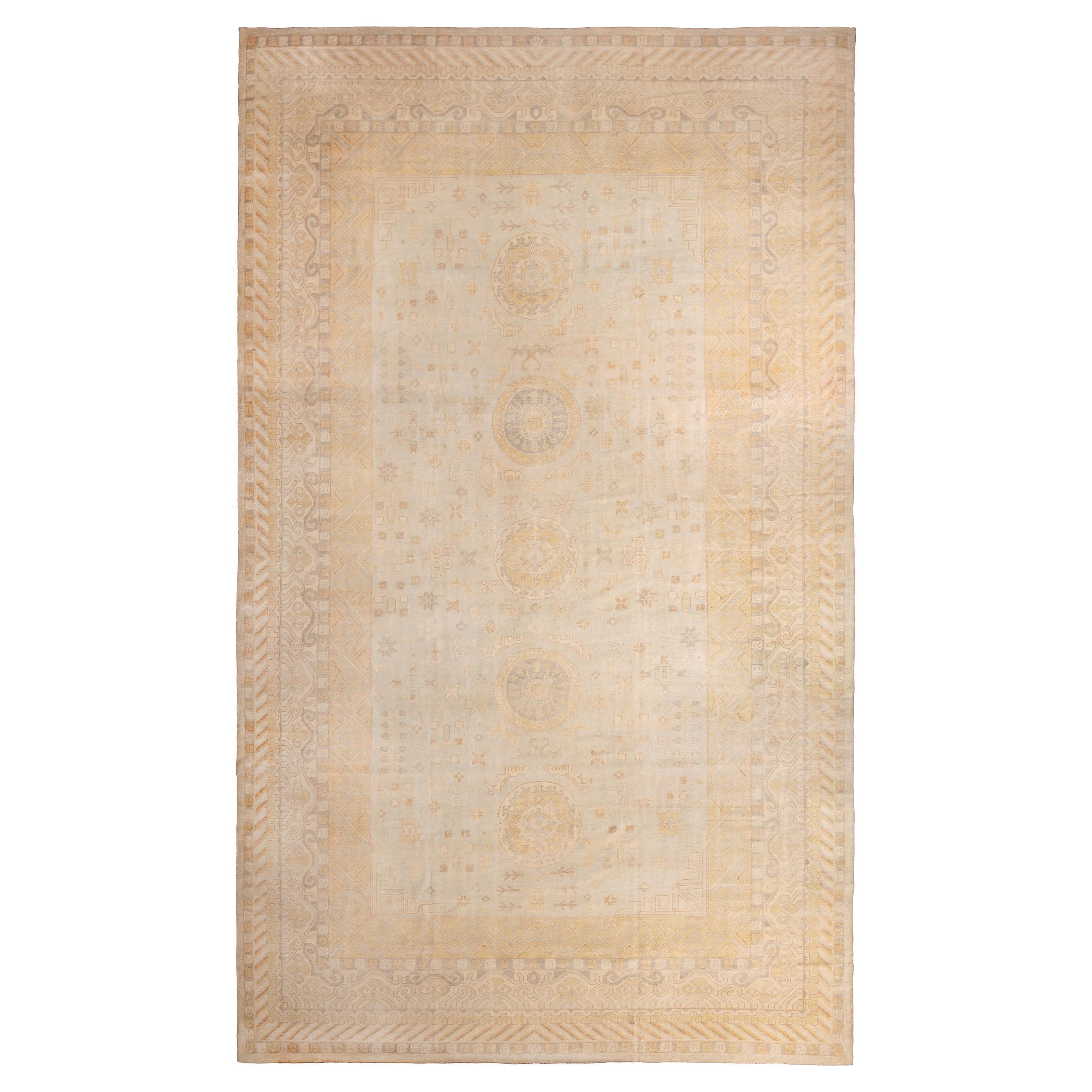Rug & Kilim’s Khotan Style Palace Rug in Blue, Beige Yellow Medallion Pattern For Sale
