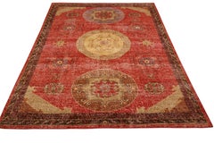 Rug & Kilim's Khotan Style Rug Distressed Red Beige Medallion Pattern