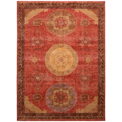 Rug & Kilim's Khotan Style Rug Distressed Red Beige Medallion Pattern