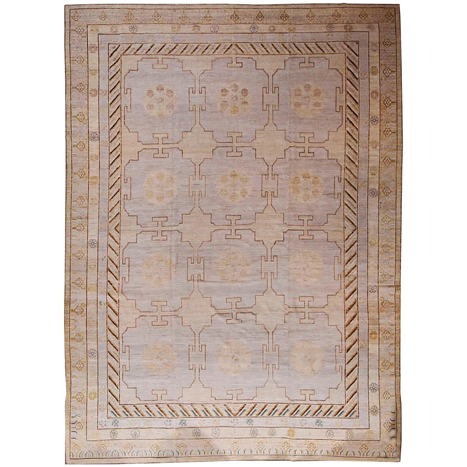 Rug and Kilim’s Khotan Style Rug in BeigeBrown and Blue Gray Geometric