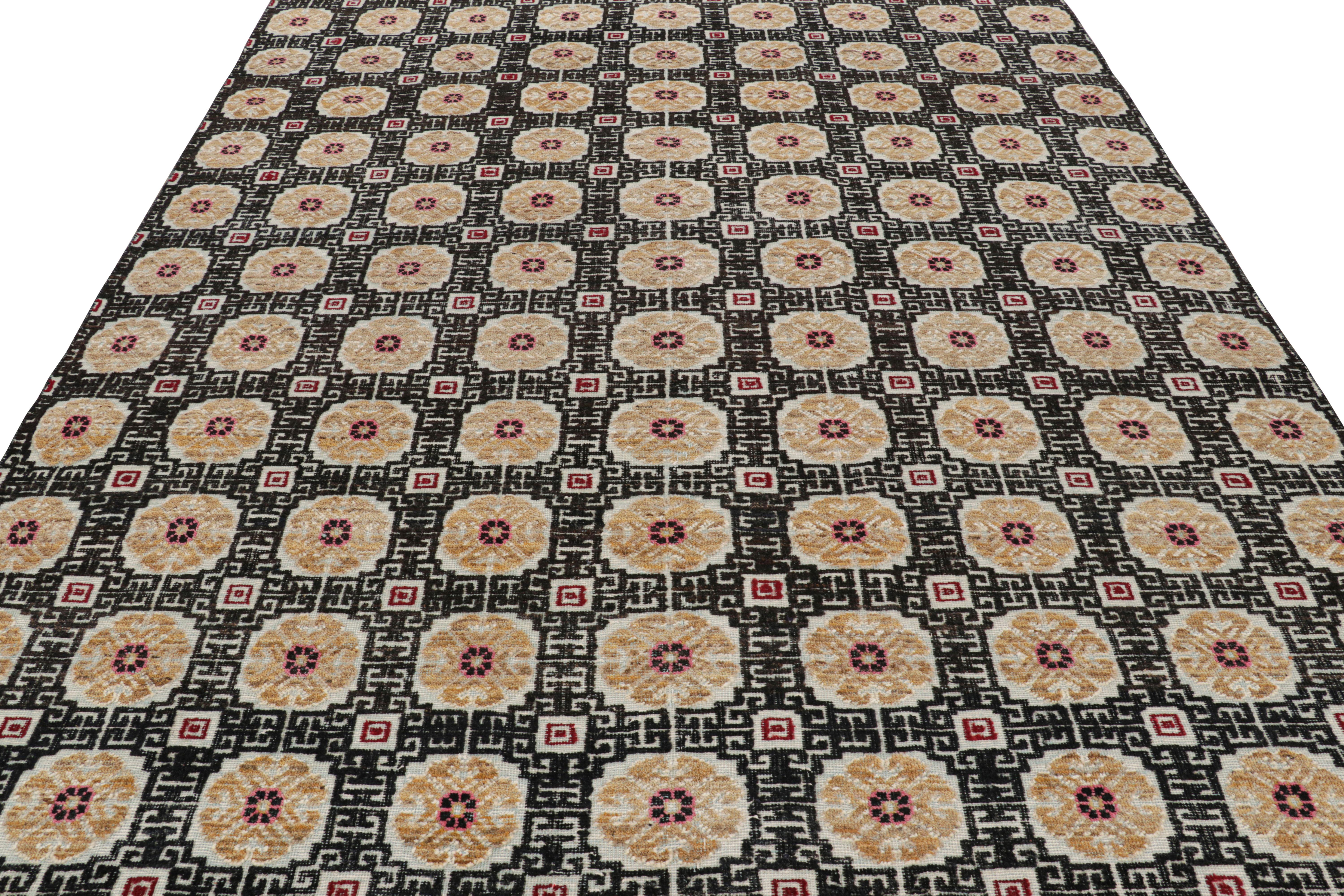 Annodato a mano Rug & Kilim è un tappeto in stile Khotan di colore nero con medaglioni a rosetta colorati in vendita
