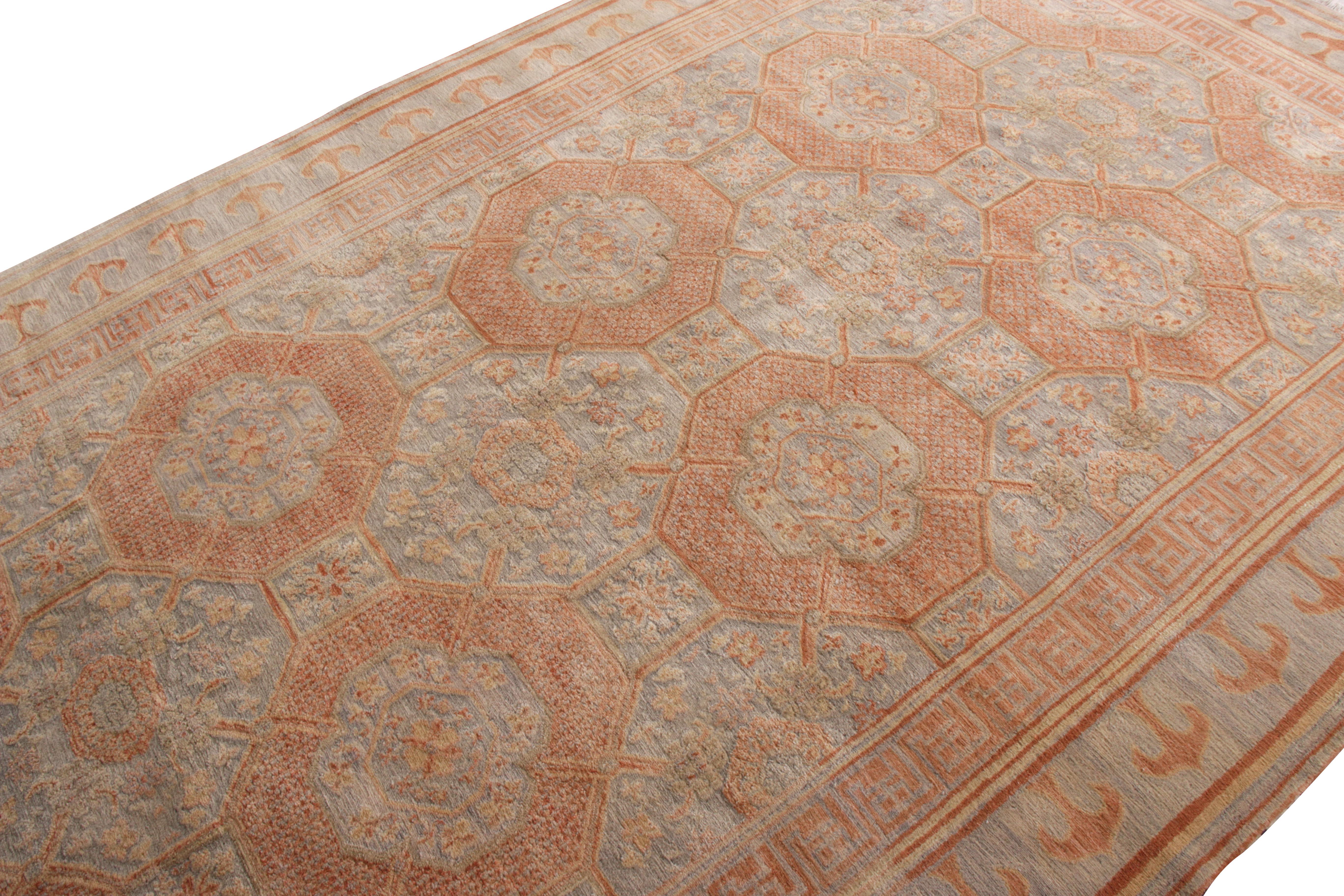 Annodato a mano Rug & Kilim - Tappeto in stile Khotan con motivo geometrico blu e arancione in vendita