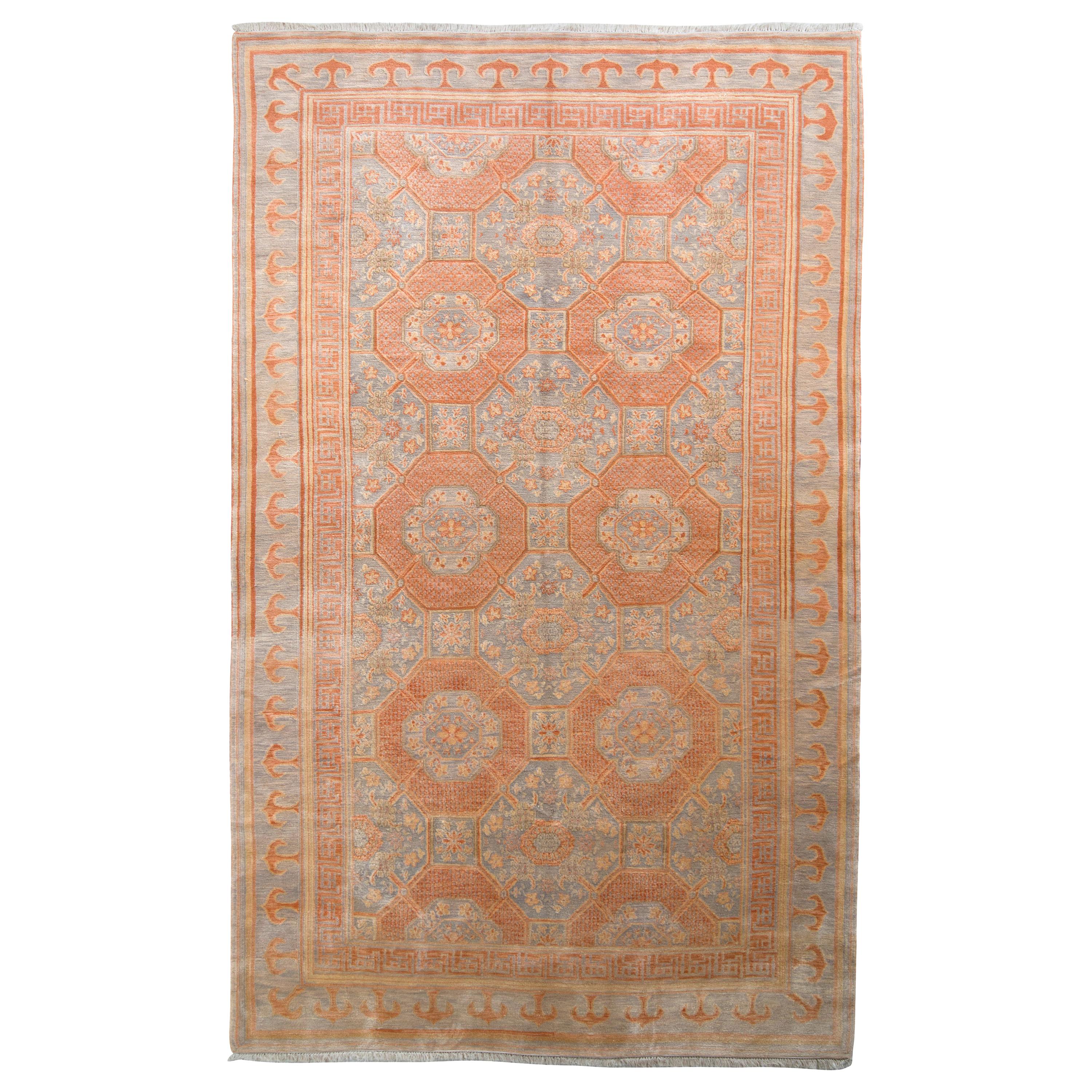 Teppich & Kilims Khotan-Stil Teppich in Blau und Orange mit geometrischem Muster