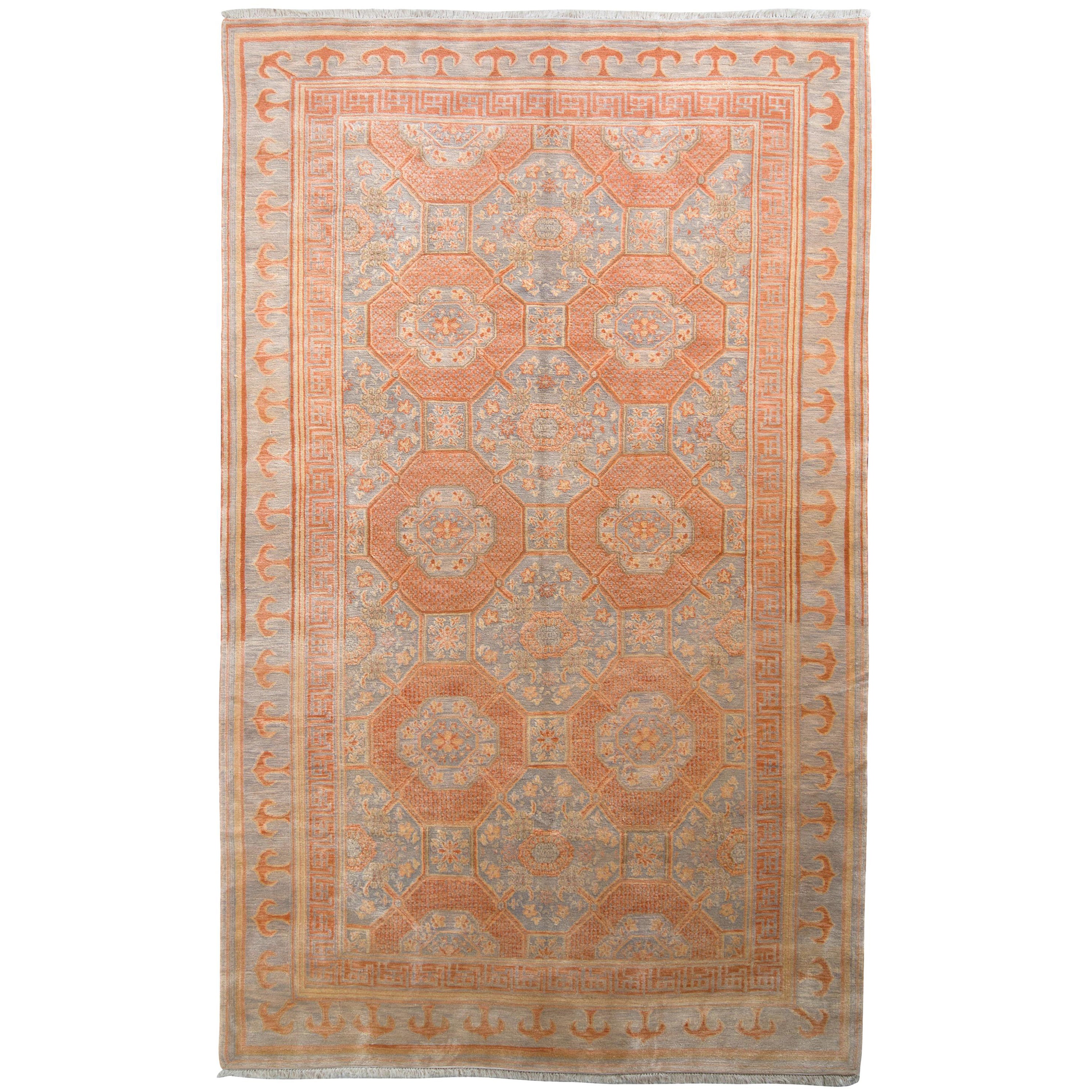 Rug & Kilim - Tappeto in stile Khotan con motivo geometrico blu e arancione