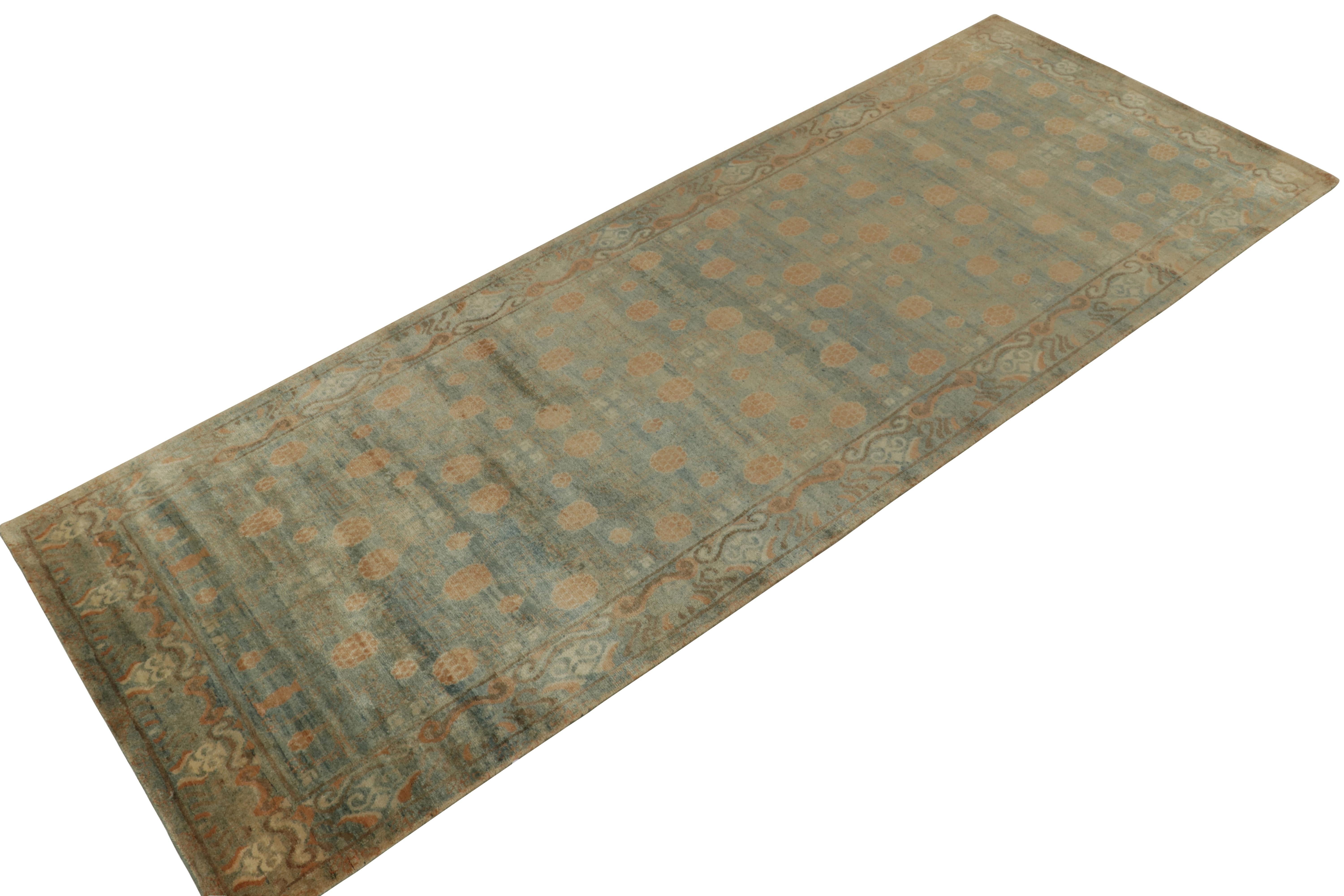 Hand knotted in fine silk, a gorgeous rug inspired by 20th century antique Khotan-Samarkand rugs of the 1920s.

New to our Modern Classics collection, the 5x13 piece honors the soul of East Turkestani works in the unusual gallery Size Khotans so