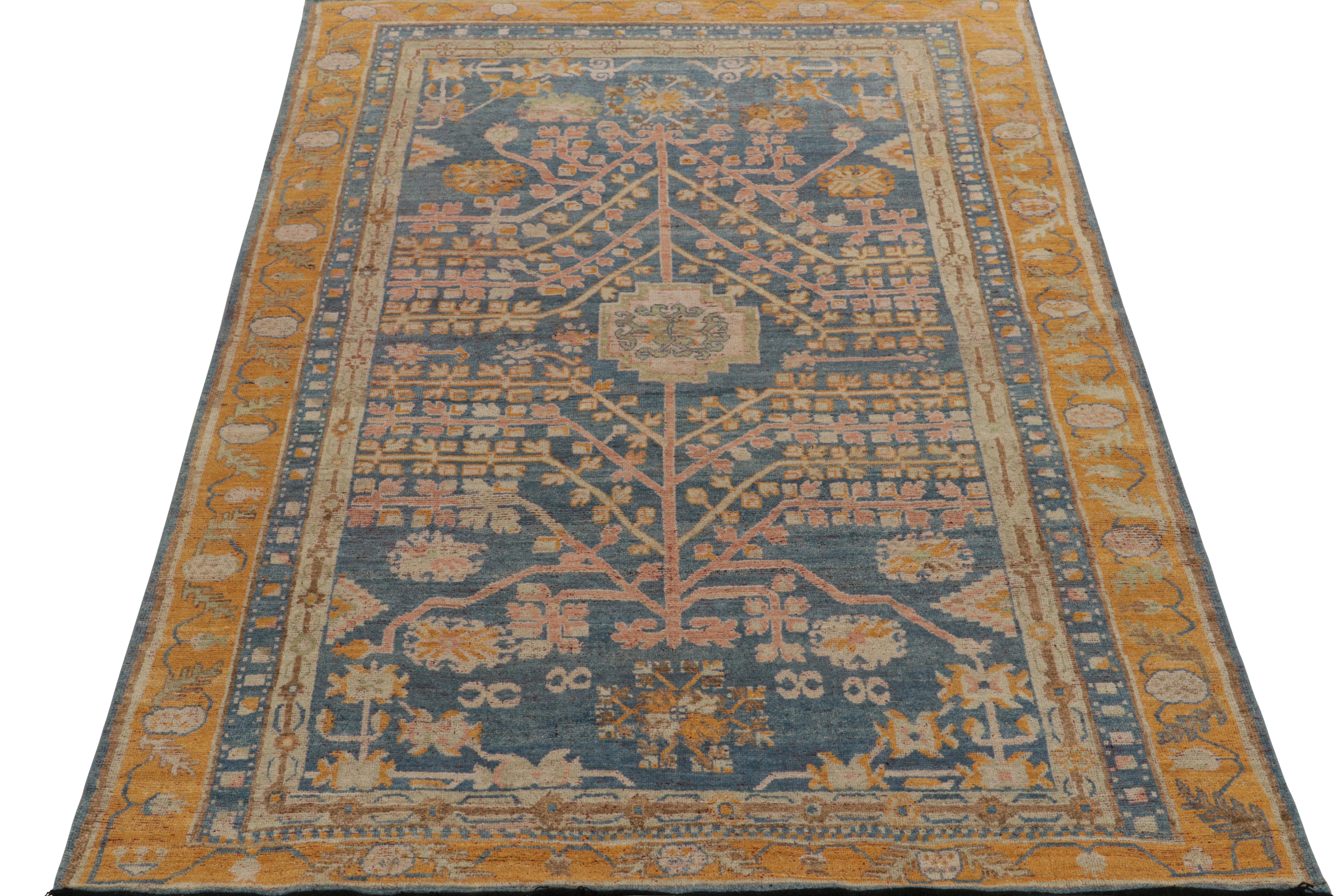 Indian Rug & Kilim’s Khotan Style Rug in Blue, Gold and Pink Geometric-Floral Patterns For Sale
