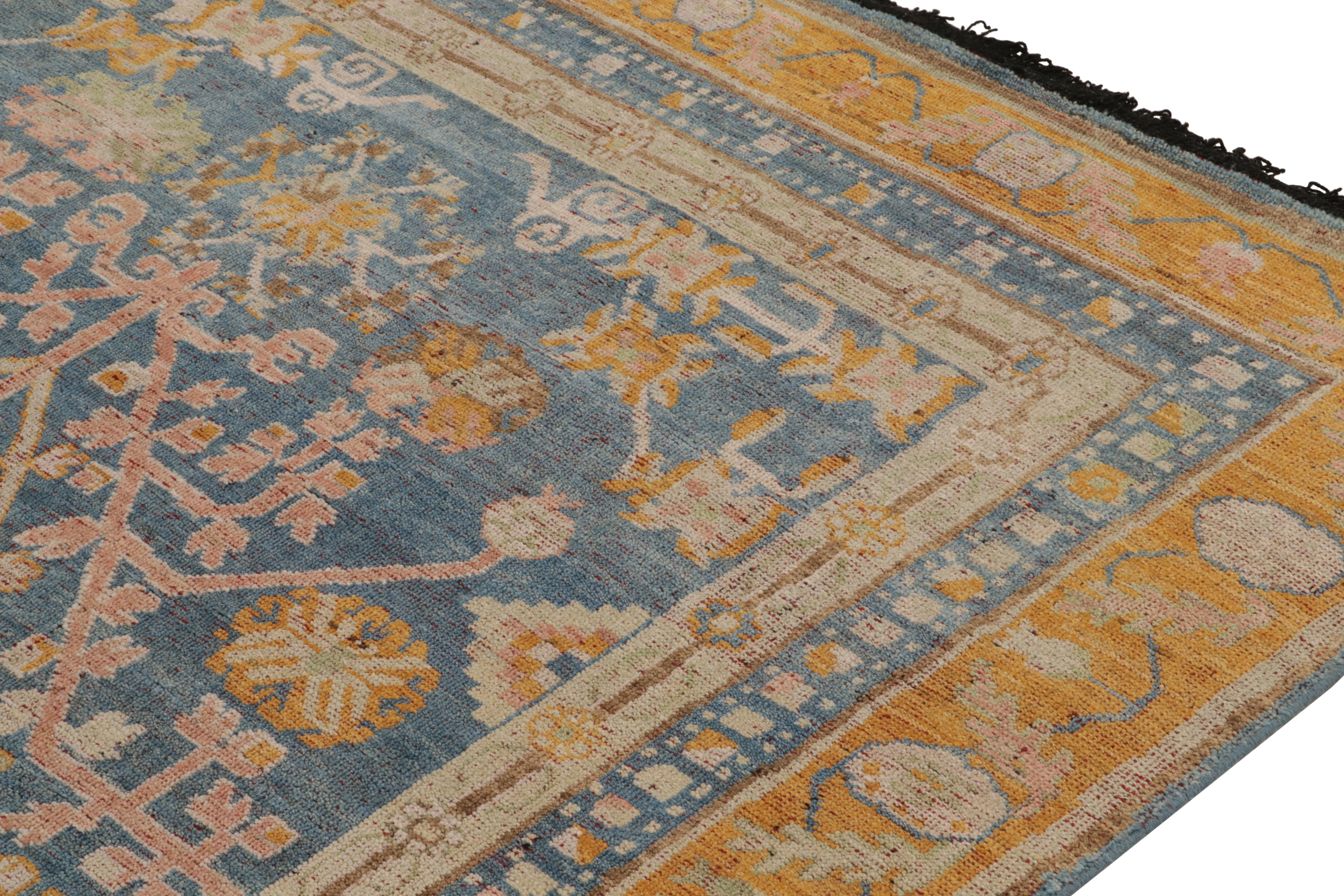 Rug & Kilim’s Khotan Style Rug in Blue, Gold and Pink Geometric-Floral Patterns In New Condition For Sale In Long Island City, NY