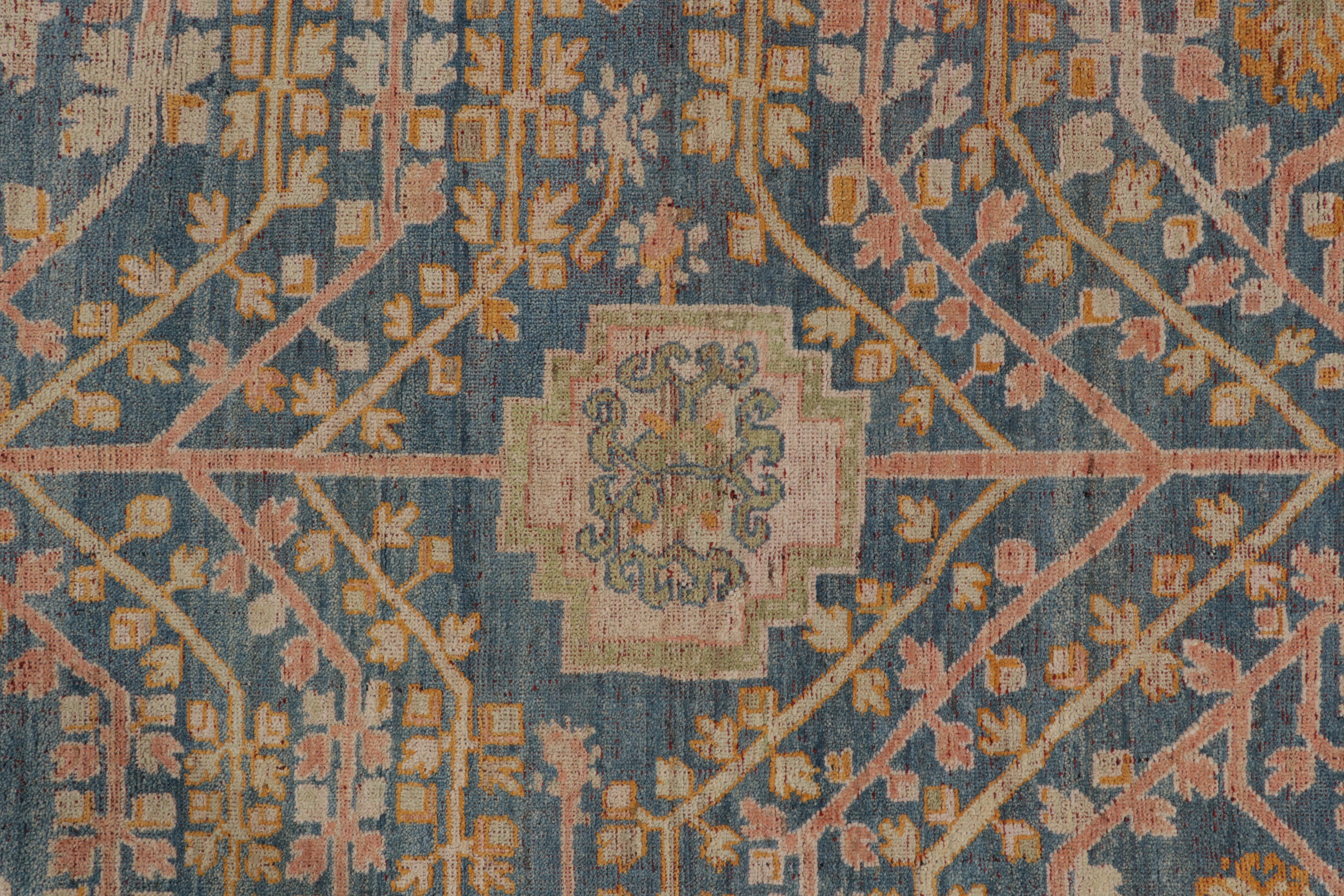 Contemporary Rug & Kilim’s Khotan Style Rug in Blue, Gold and Pink Geometric-Floral Patterns For Sale