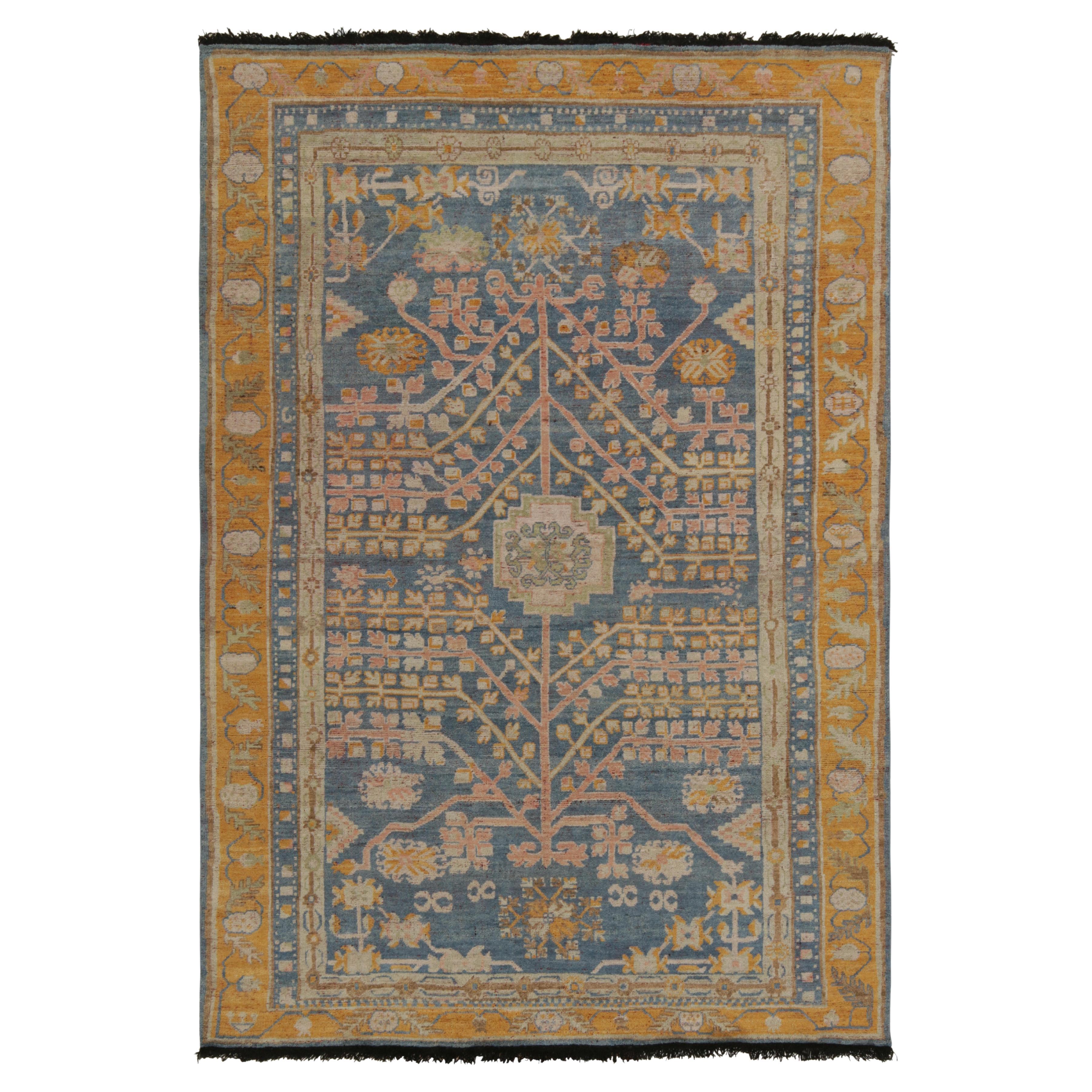 Rug & Kilim’s Khotan Style Rug in Blue, Gold and Pink Geometric-Floral Patterns