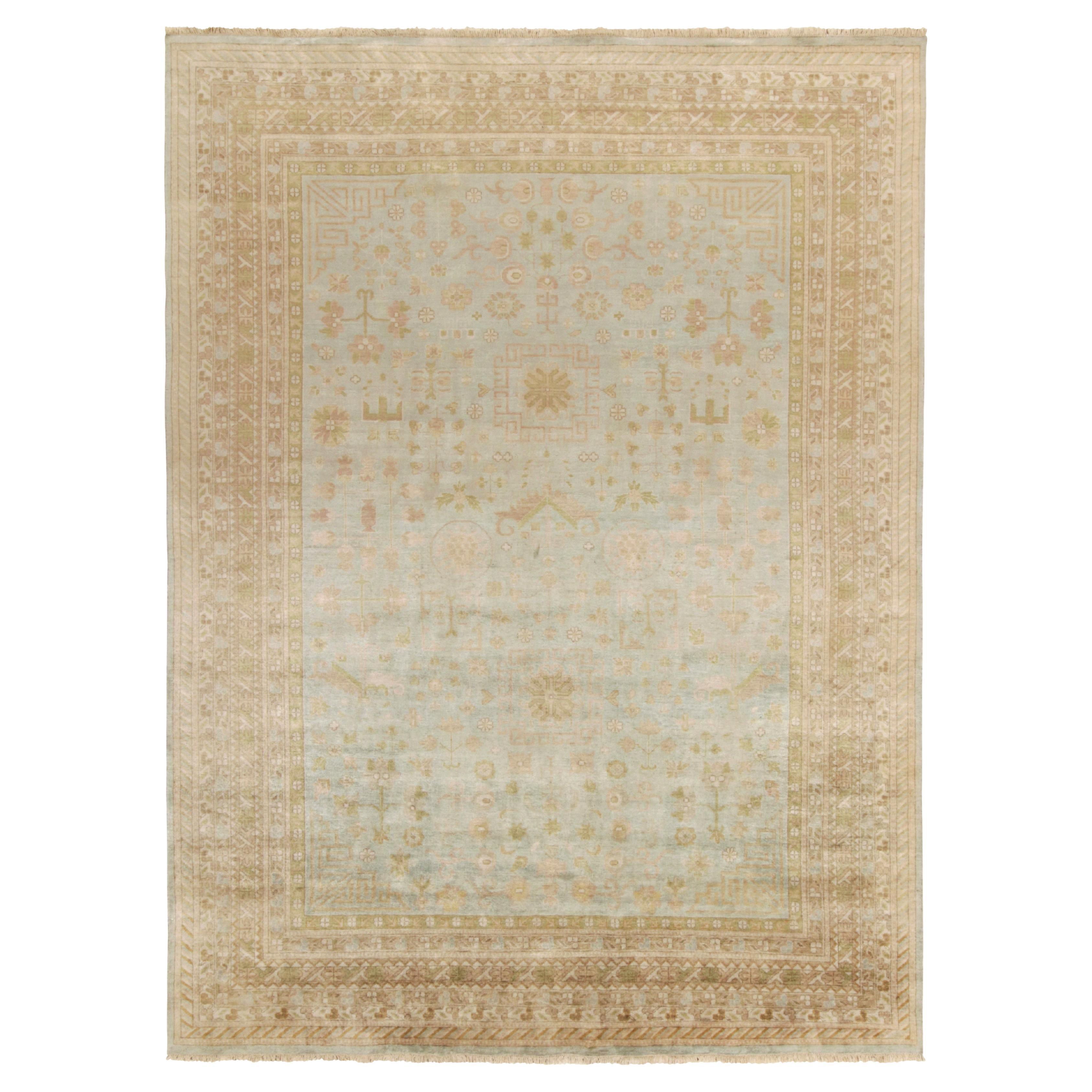 Rug & Kilim’s Khotan Style Rug in Blue with Pink and Beige-Brown Patterns For Sale