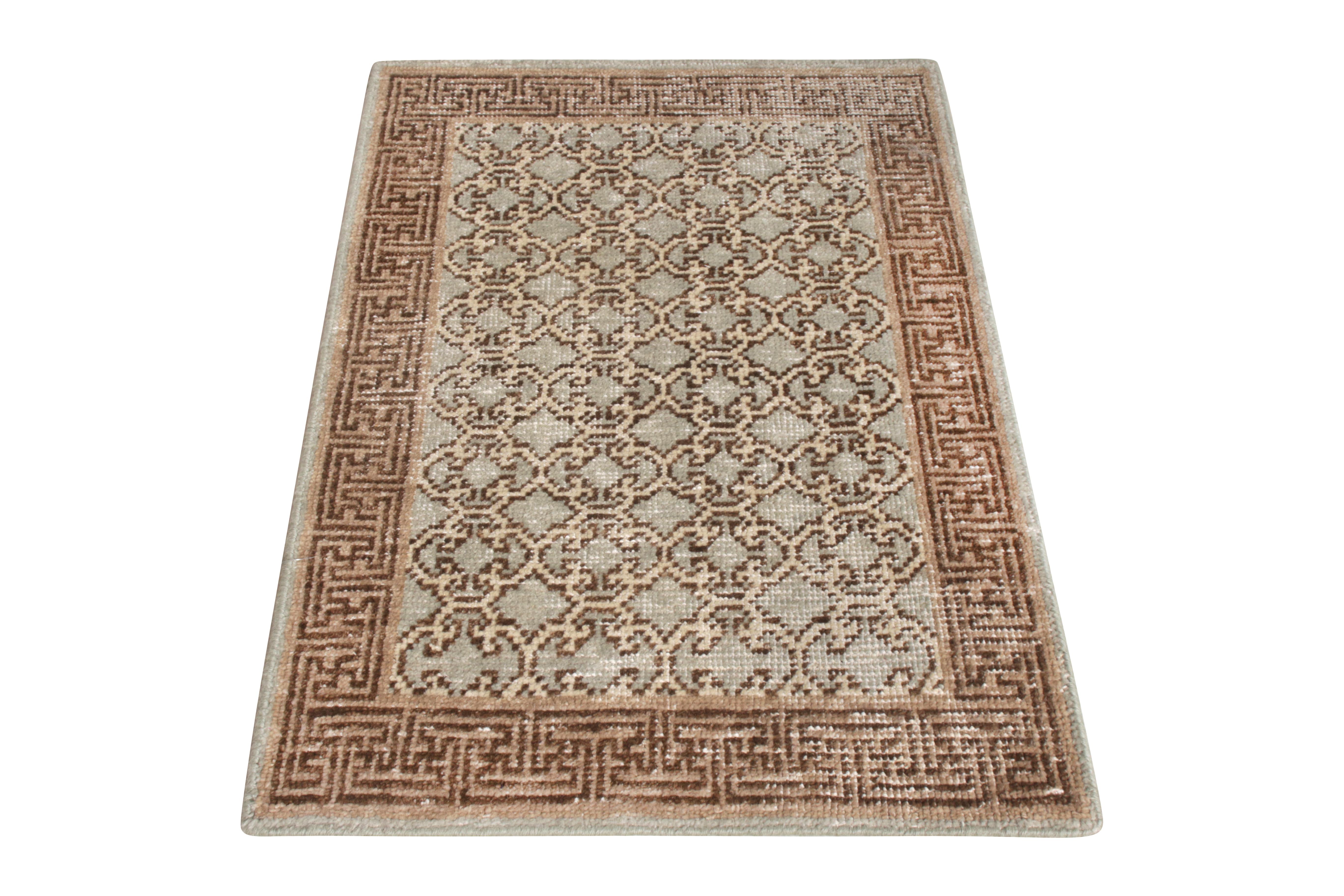 Inspired by classic Khotan rugs, this collectible is a sophisticated addition to Rug & Kilim’s Homage Collection. This modern take on classical rugs witnesses the marriage of a rich design in an enigmatic colour way of grey and brown emanating a