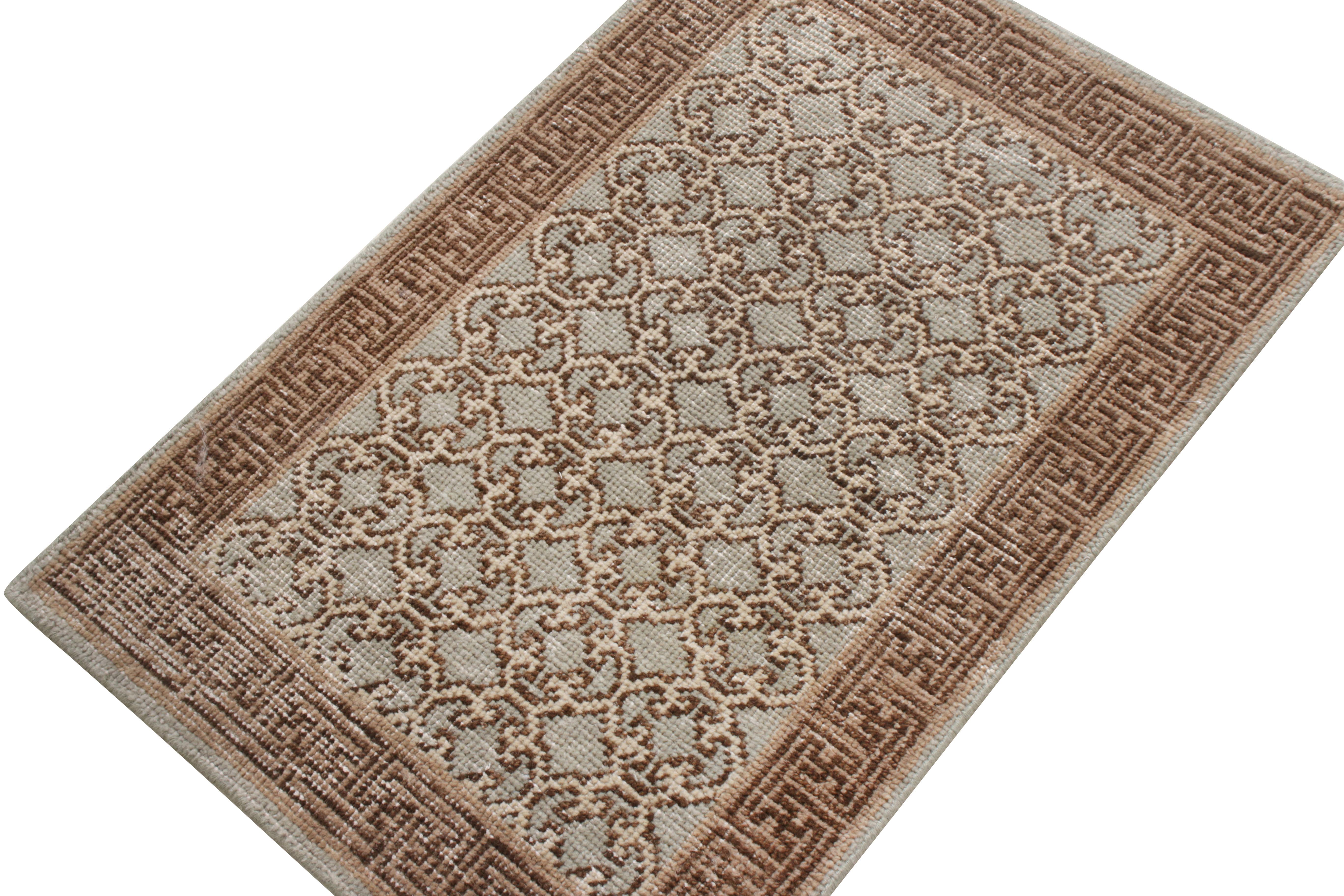 Other Rug & Kilim’s Khotan Style Rug in Distressed Blue, Beige-Brown Trellis Pattern For Sale