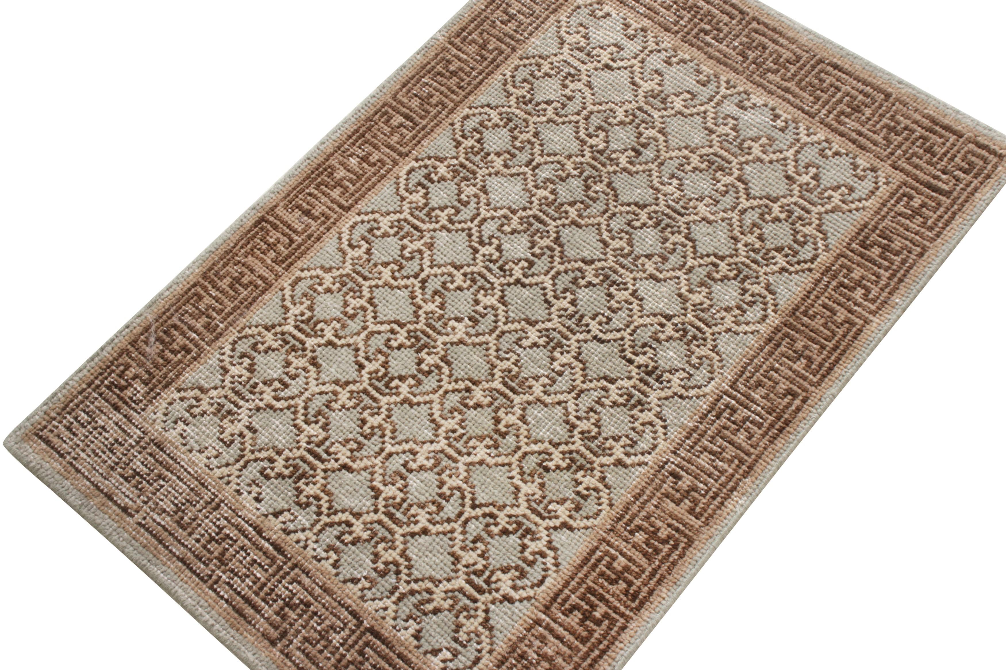 Art Deco Rug & Kilim’s Khotan Style Rug in Distressed Blue, Beige-Brown Trellis Pattern For Sale