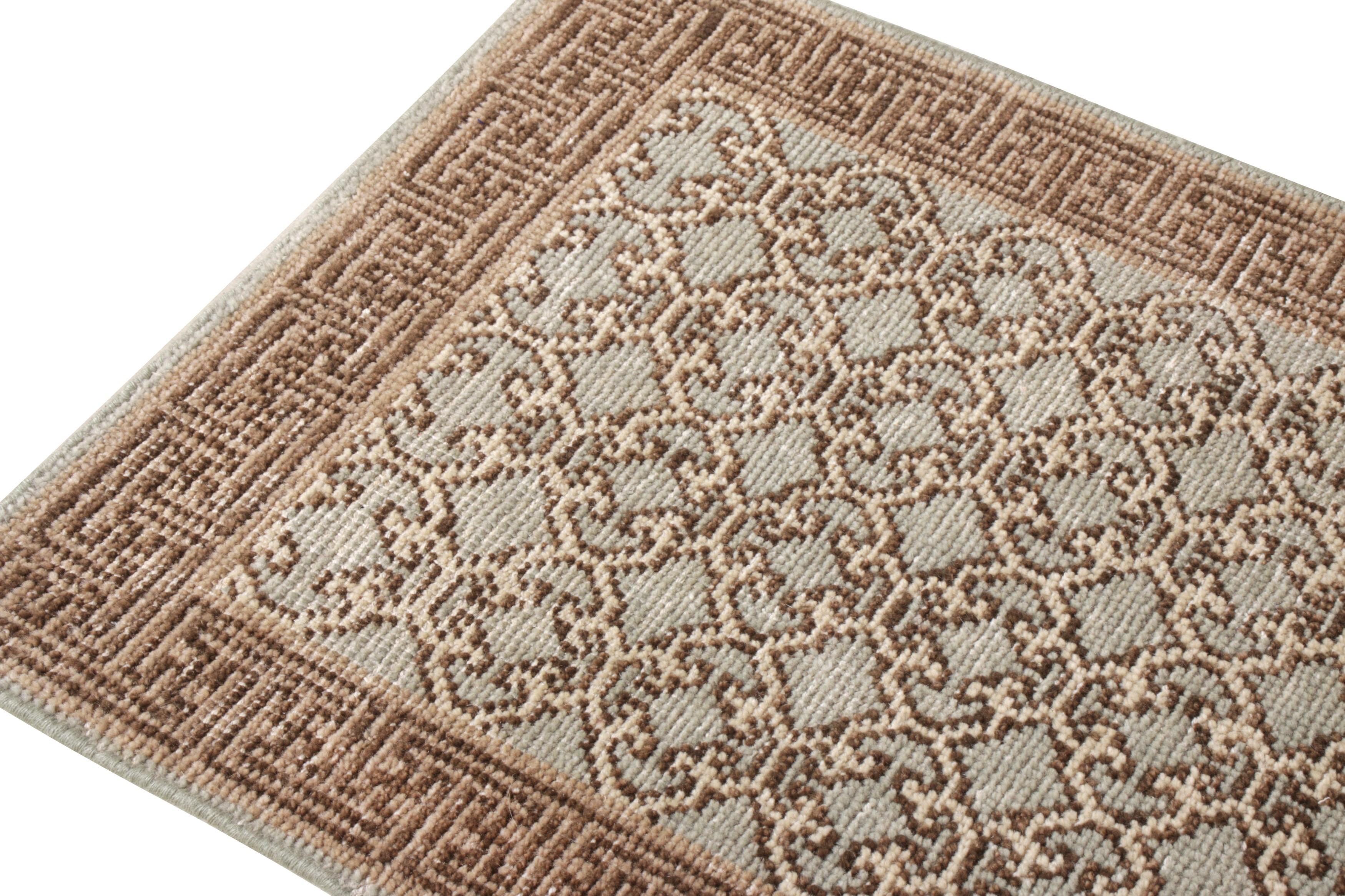 Indian Rug & Kilim’s Khotan Style Rug in Distressed Blue, Beige-Brown Trellis Pattern For Sale