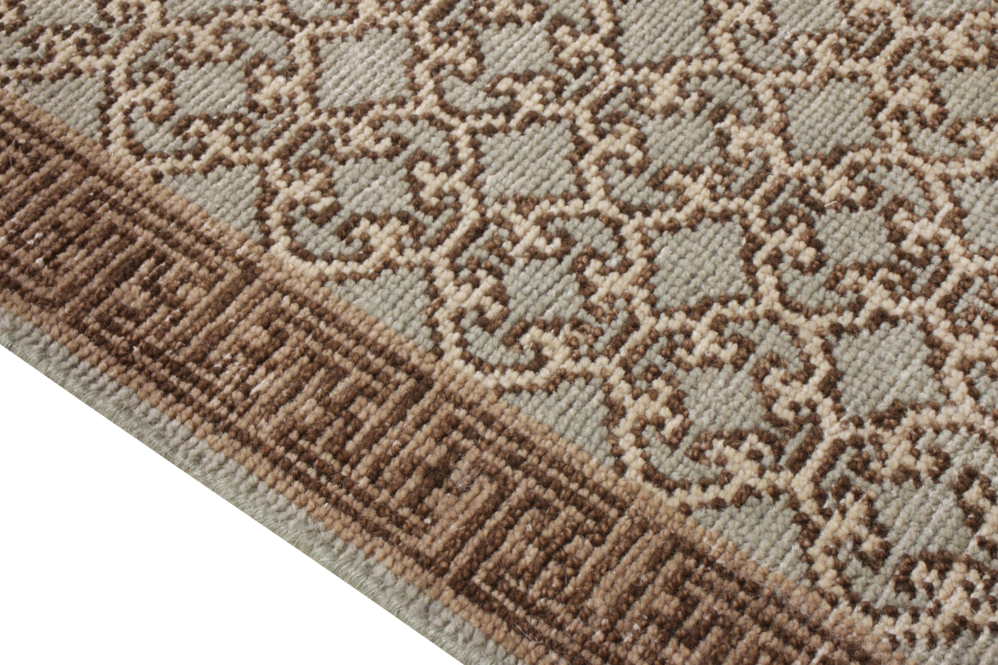 Hand-Knotted Rug & Kilim’s Khotan Style Rug in Distressed Blue, Beige-Brown Trellis Pattern For Sale