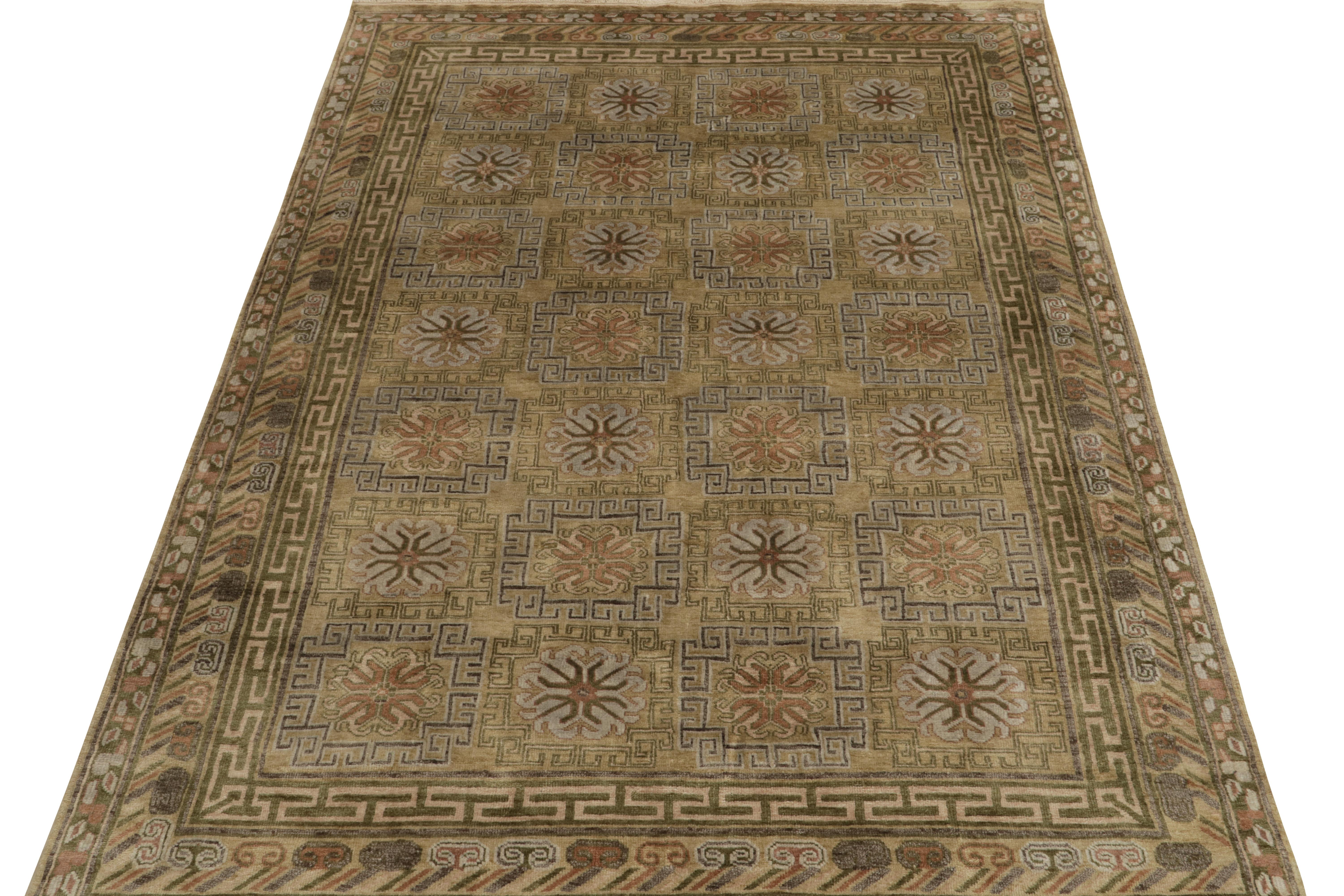 Indian Rug & Kilim’s Khotan style rug in Gold and Beige-Brown Geometric Patterns For Sale