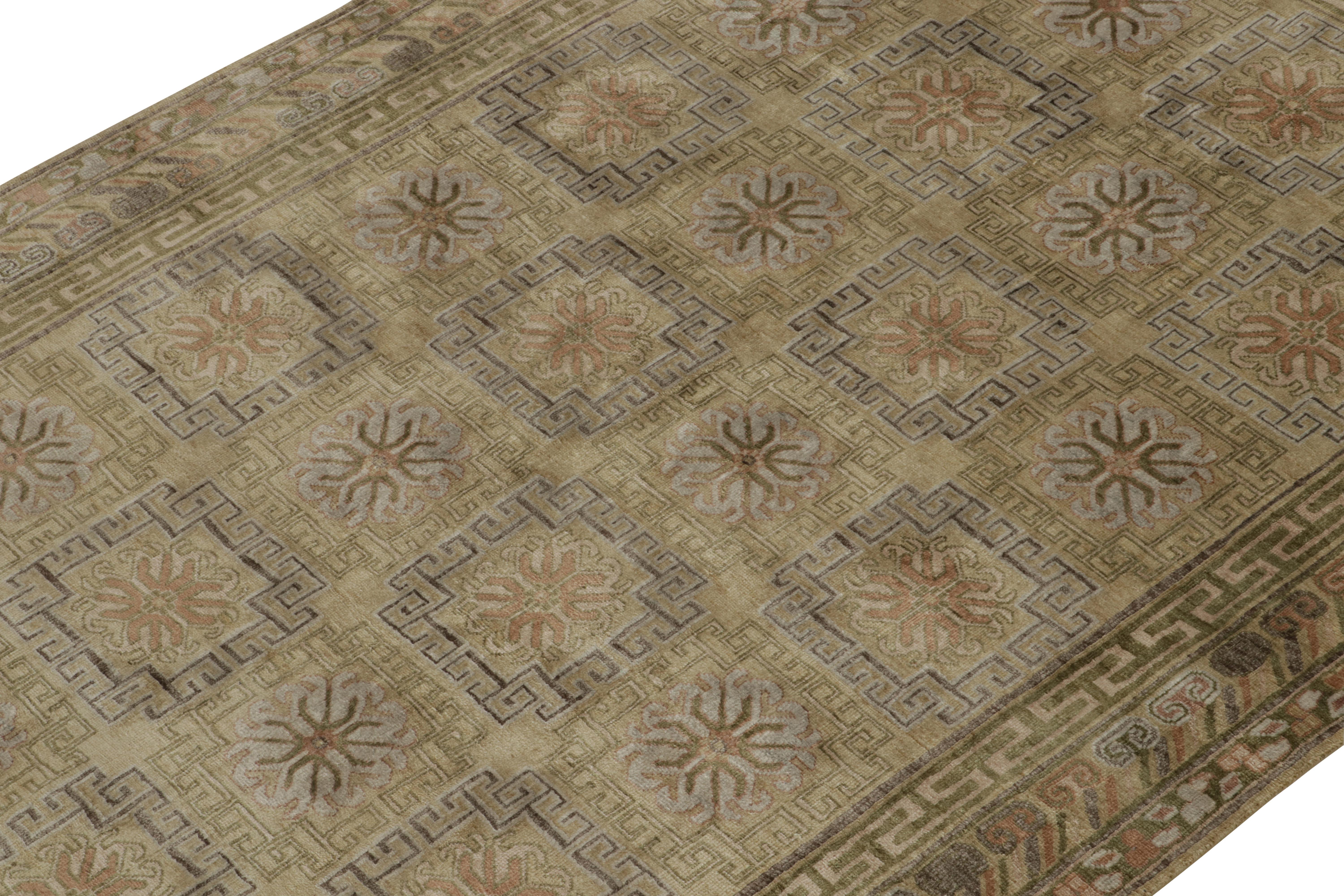 Hand-Knotted Rug & Kilim’s Khotan style rug in Gold and Beige-Brown Geometric Patterns For Sale