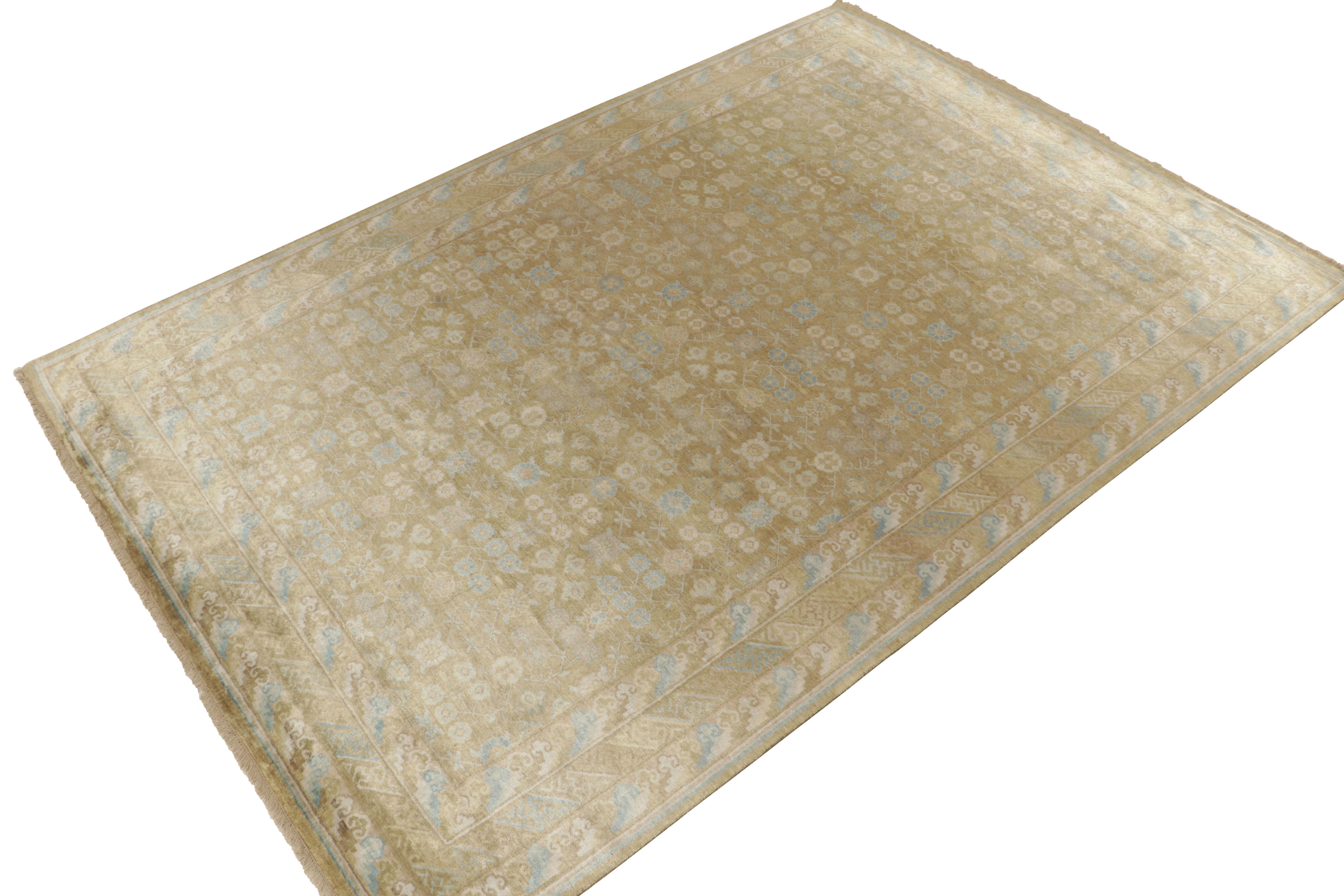 Hand-knotted in luxurious silk, this 8x12 contemporary rug from our Modern Classics collection uniquely recaptures antique Khotan-Samarkand rug styles

On the Design: A gracious scale hosts a harmony of traditional geometry and floral patterns in