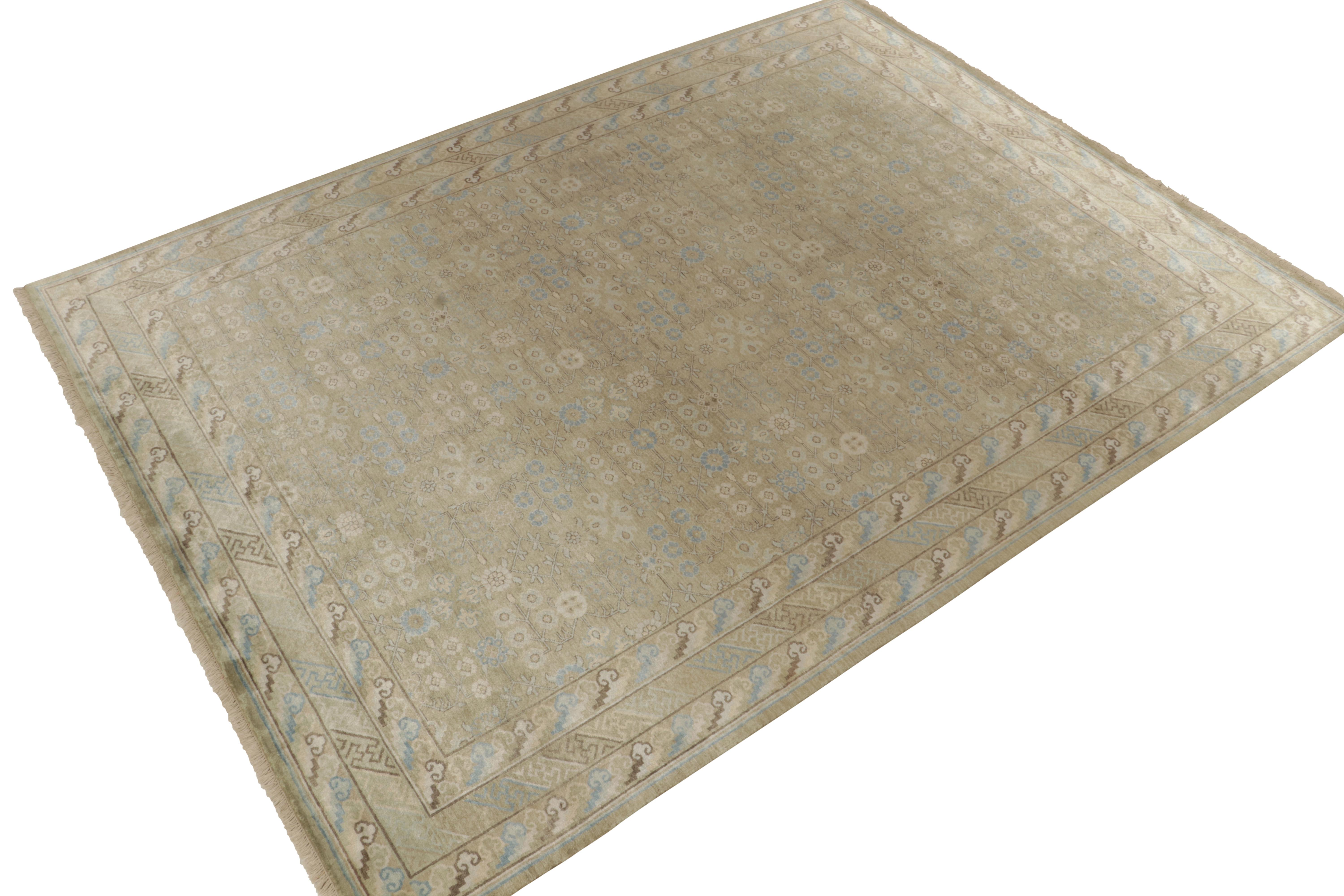 Hand-knotted in luxurious silk, this 9x12 contemporary rug from our Modern Classics collection uniquely recaptures antique Khotan-Samarkand rug styles

On the Design: A gracious scale hosts a harmony of traditional geometry and floral patterns in