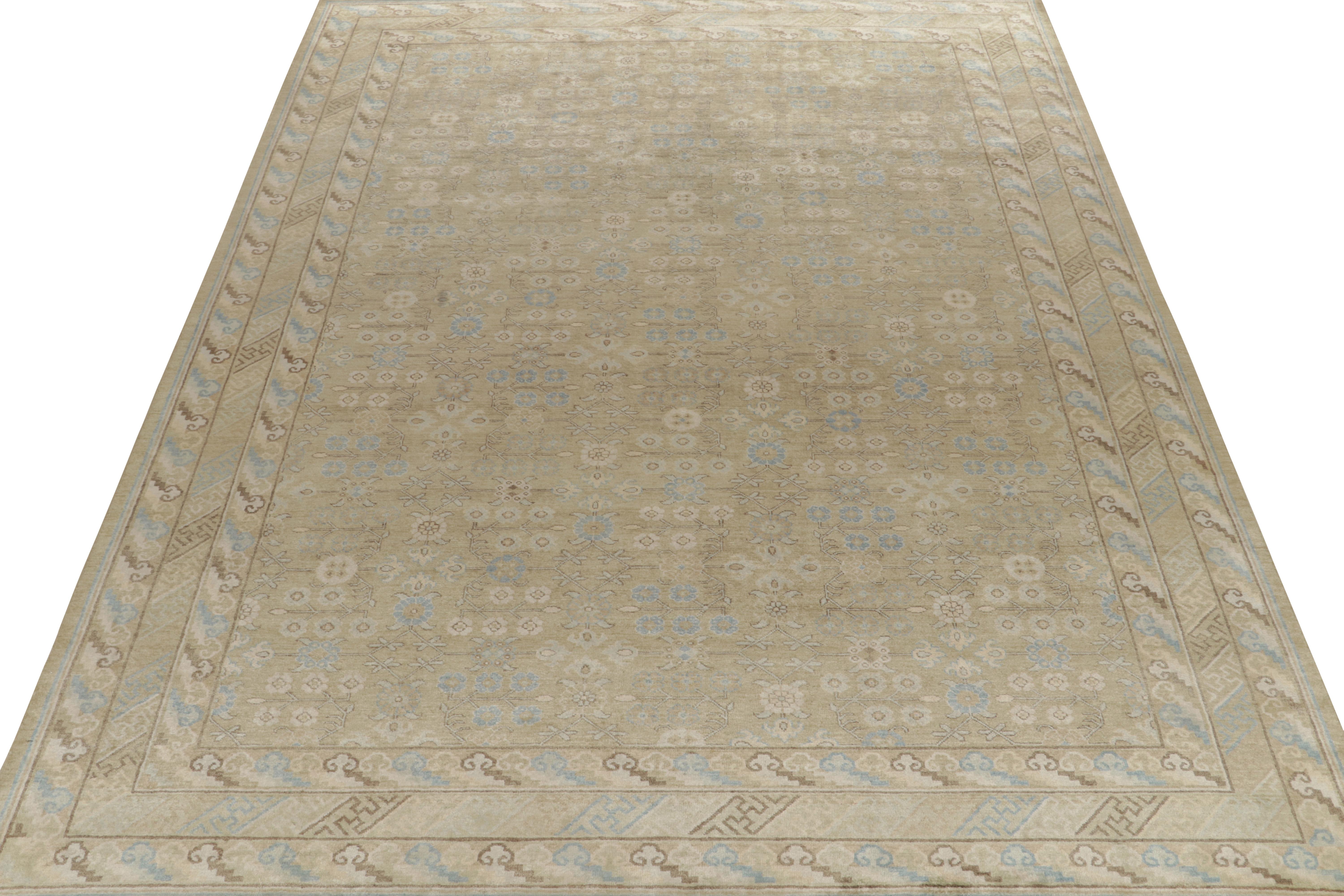 Indian Rug & Kilim’s Khotan Style Rug in Gold, Beige-Brown and Blue Patterns For Sale