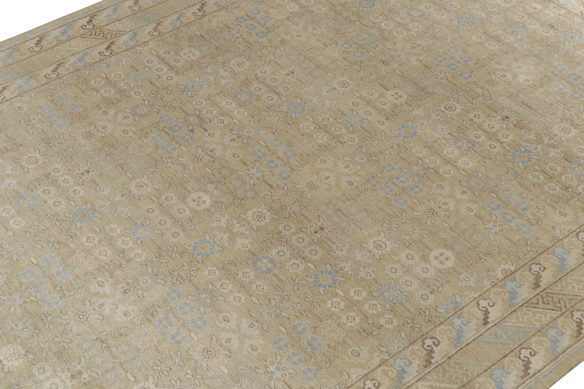 Hand-Knotted Rug & Kilim’s Khotan Style Rug in Gold, Beige-Brown and Blue Patterns For Sale