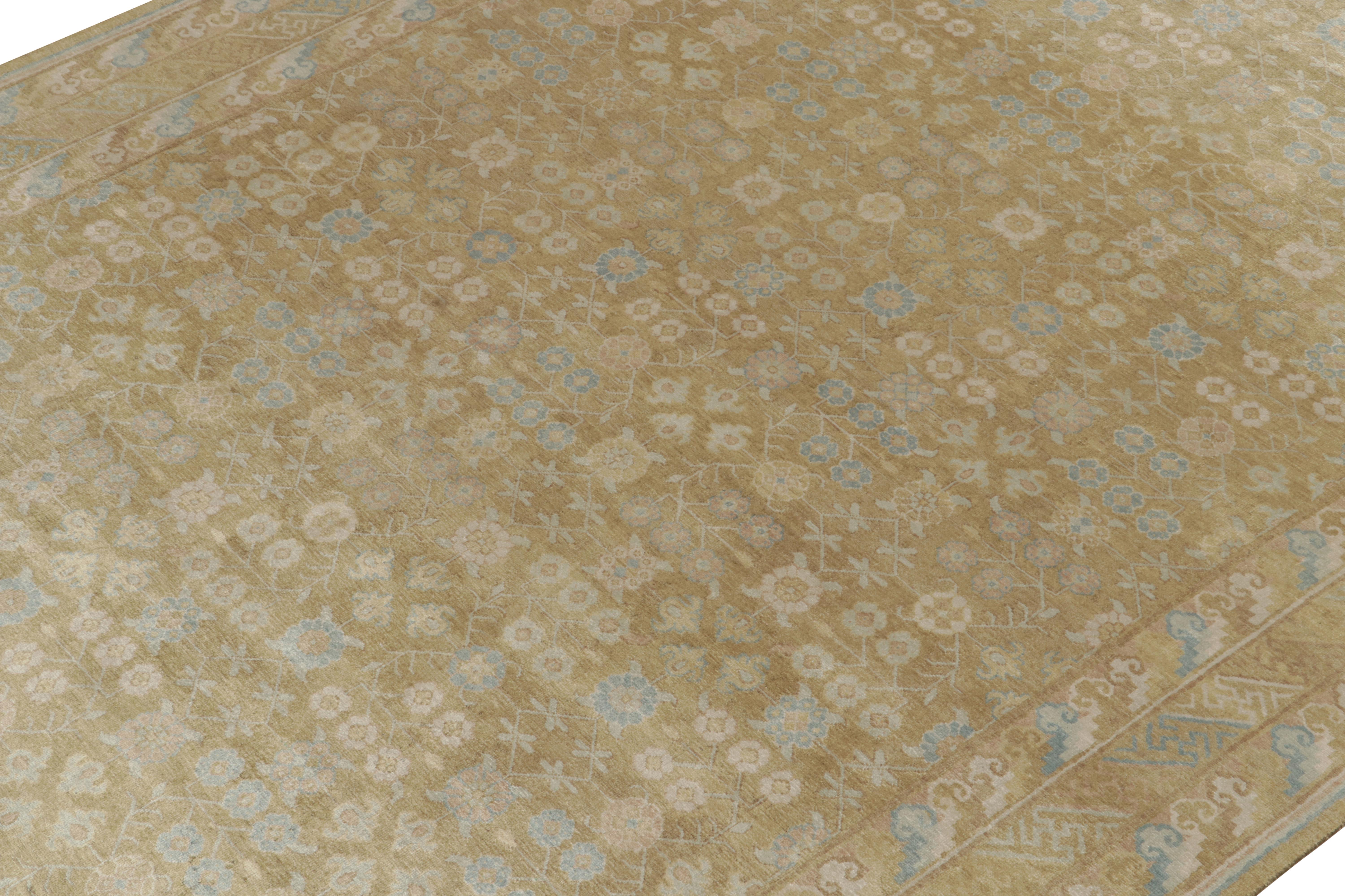 Hand-Knotted Rug & Kilim’s Khotan style rug in Gold, Beige-Brown and Blue Patterns For Sale