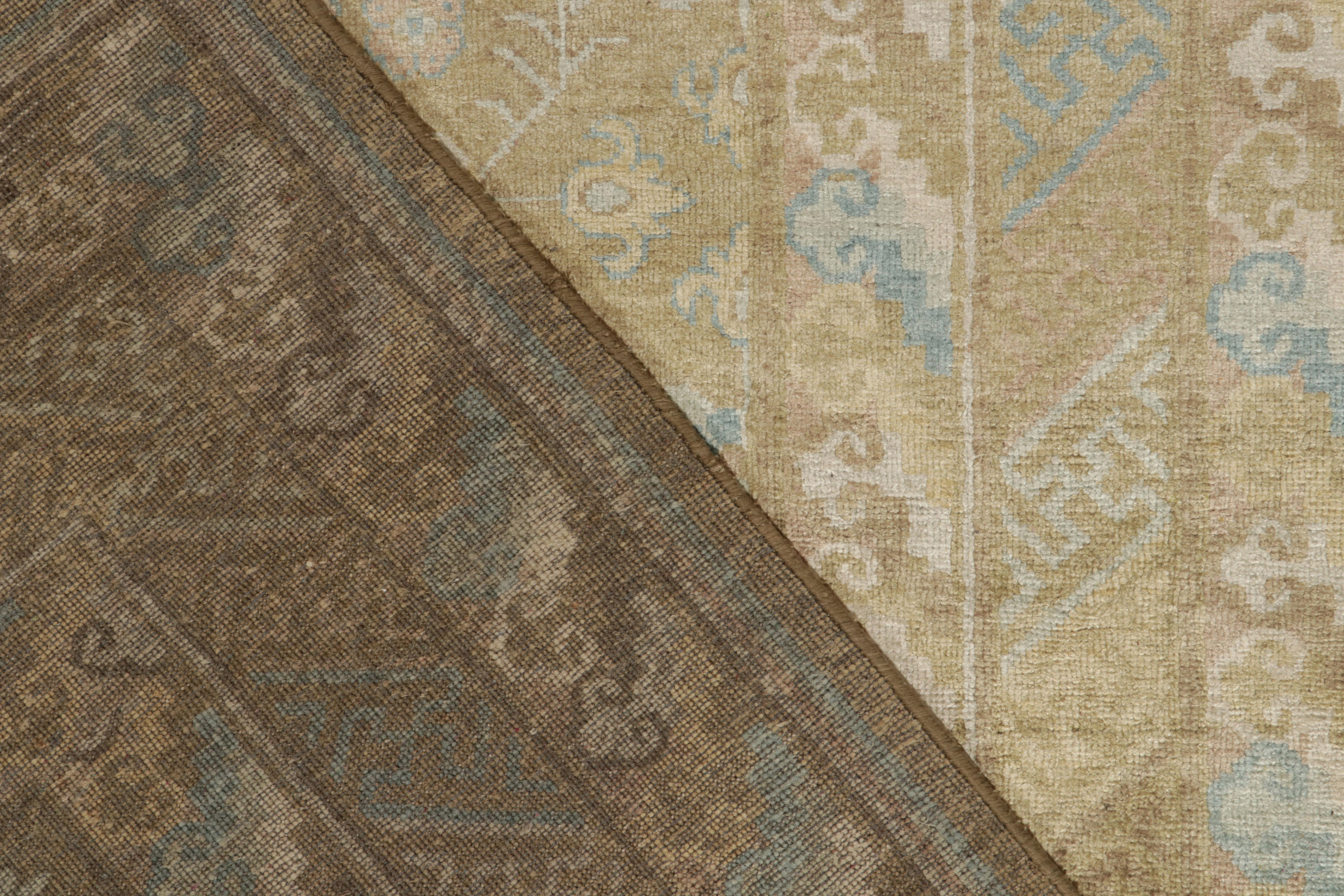 Silk Rug & Kilim’s Khotan style rug in Gold, Beige-Brown and Blue Patterns For Sale
